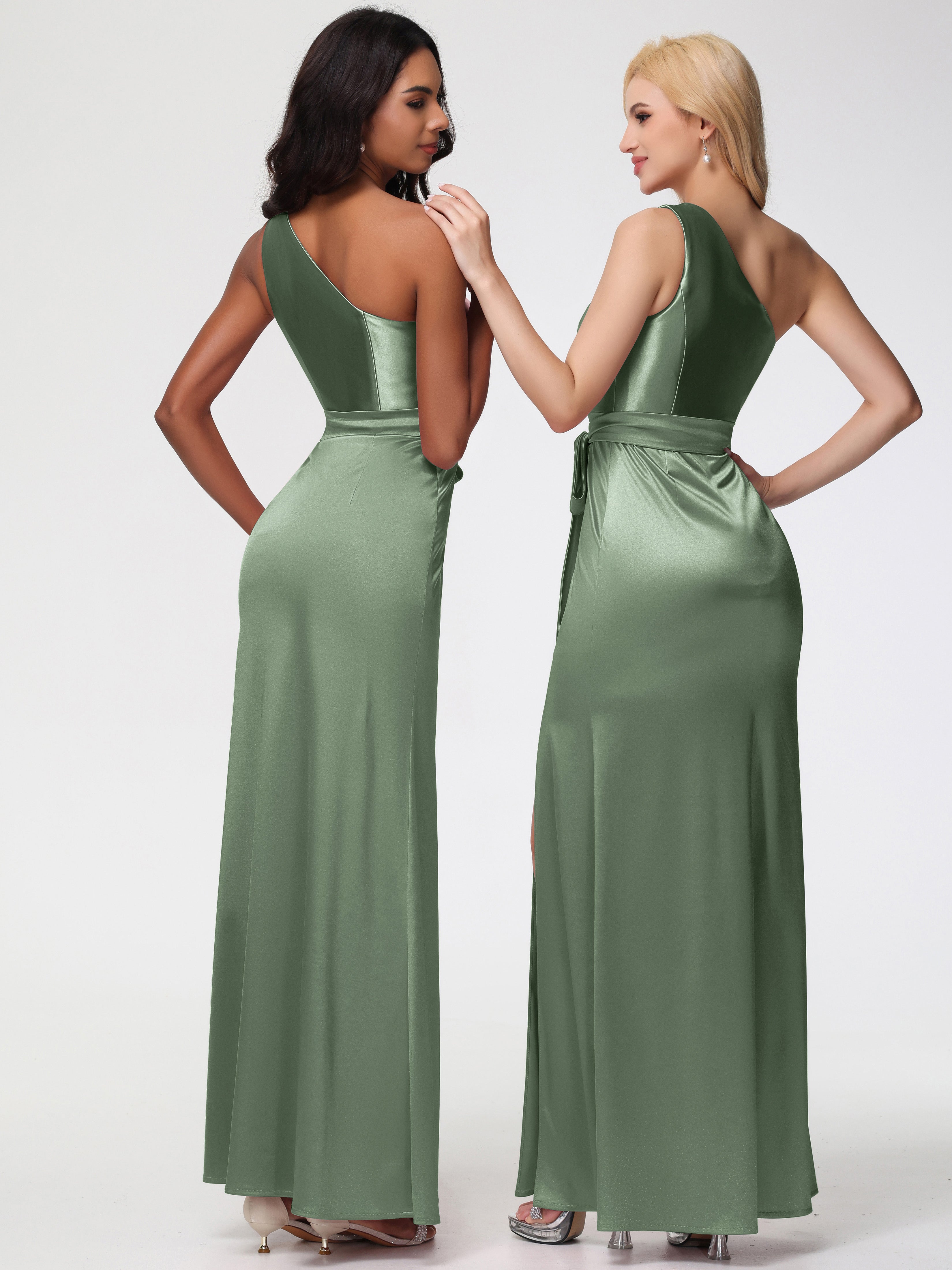 Robes De Demoiselle D'Honneur Couleur Sauge Poussiéreuse Seule-épaule Satin Extensible Fendue Robe De Demoiselle D'Honneur Robe à Lacets