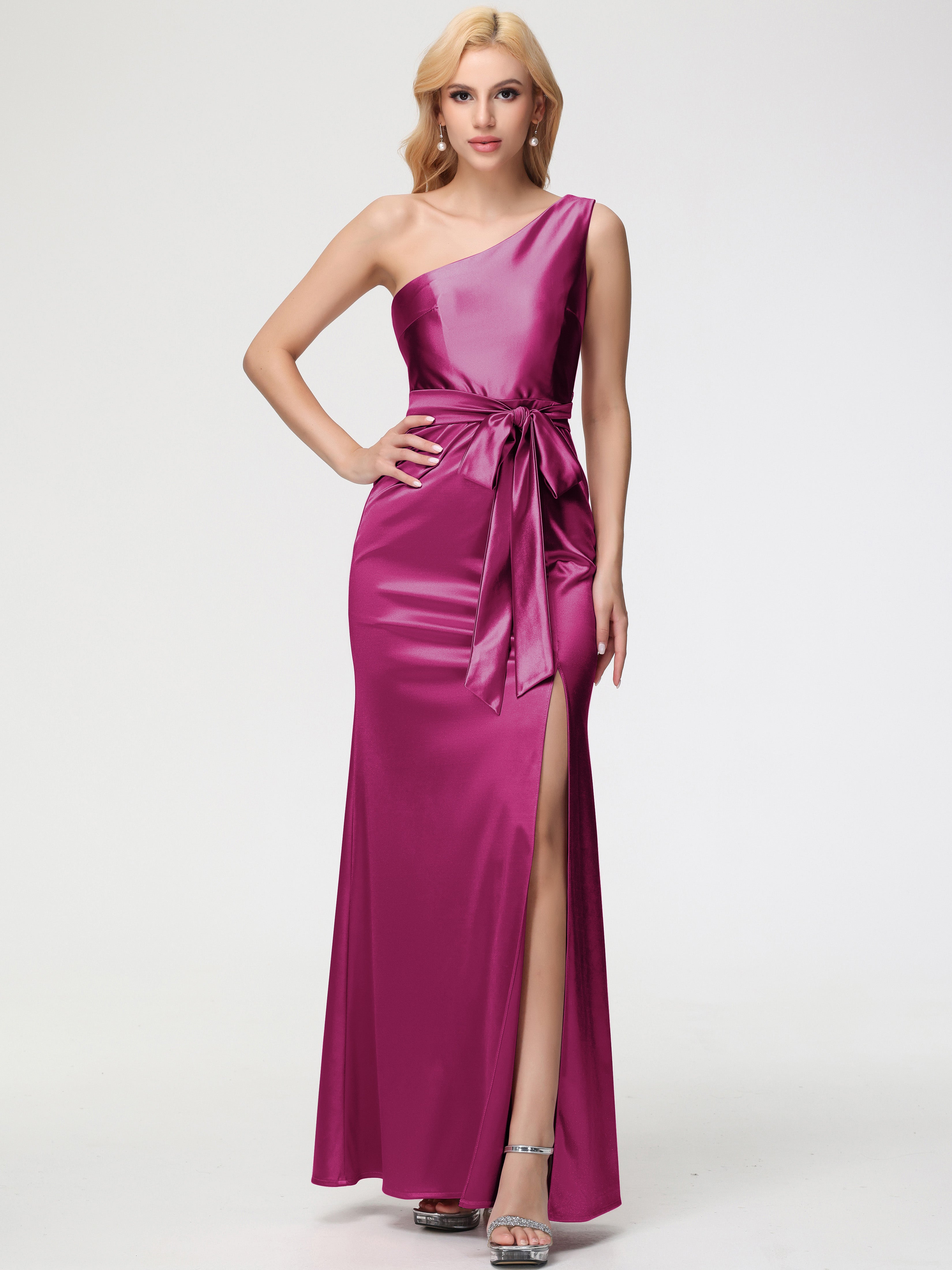 Robe Fuchsia Demoiselle D Honneur Seule-épaule Satin Extensible Fendue Robe De Demoiselle D'Honneur Robe à Lacets