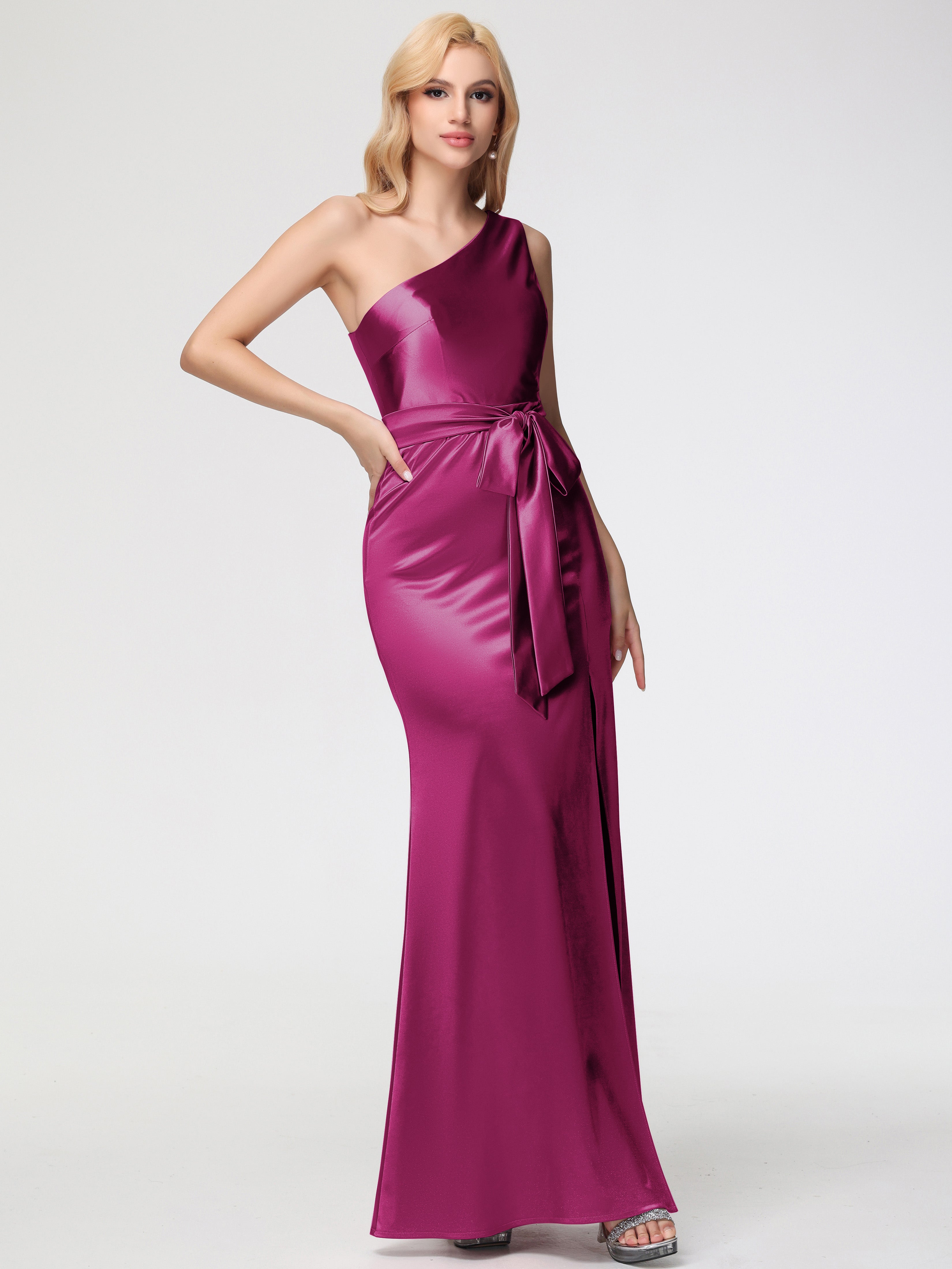 Robe Fuchsia Demoiselle D Honneur Seule-épaule Satin Extensible Fendue Robe De Demoiselle D'Honneur Robe à Lacets
