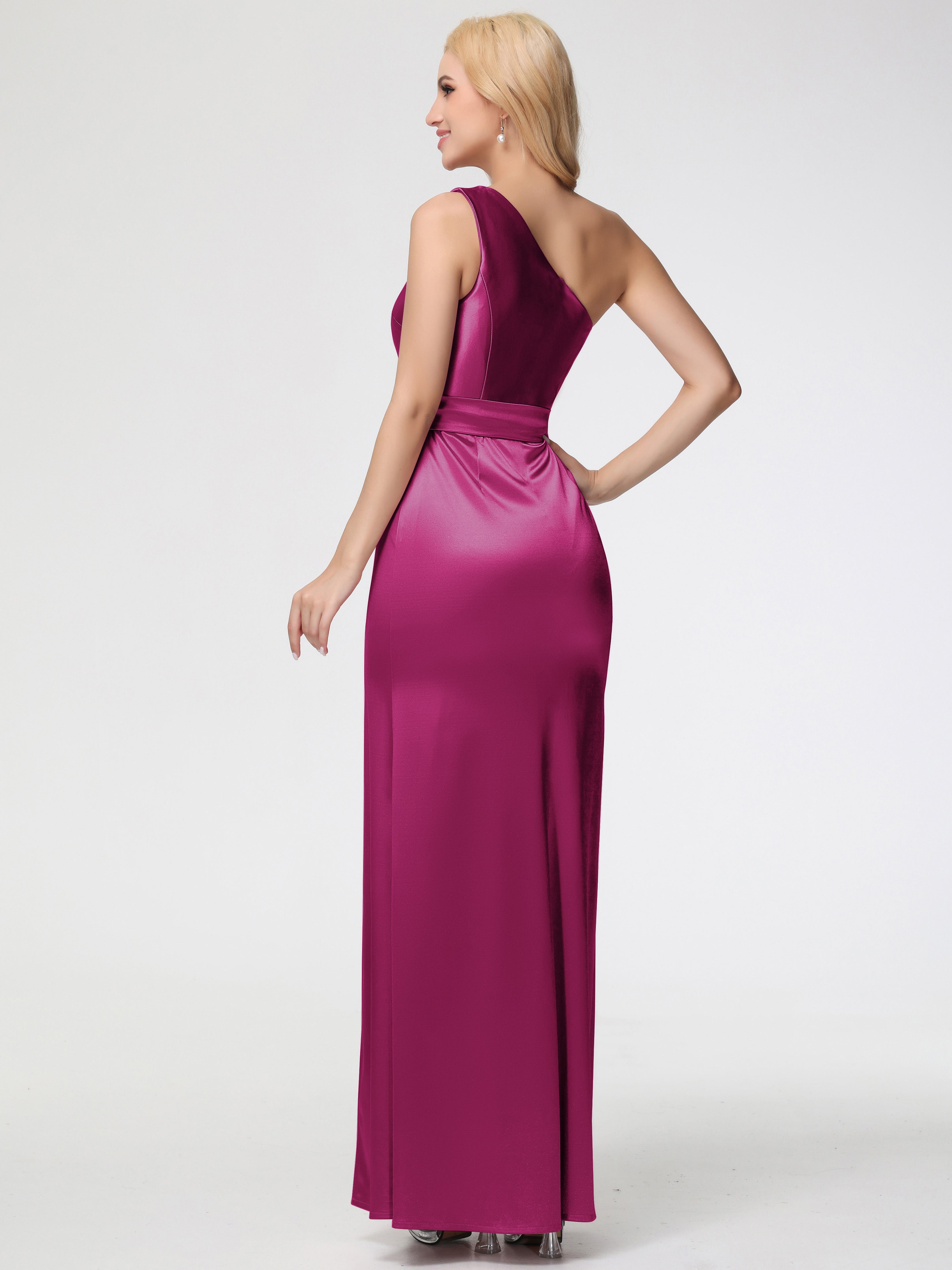 Robe Fuchsia Demoiselle D Honneur Seule-épaule Satin Extensible Fendue Robe De Demoiselle D'Honneur Robe à Lacets
