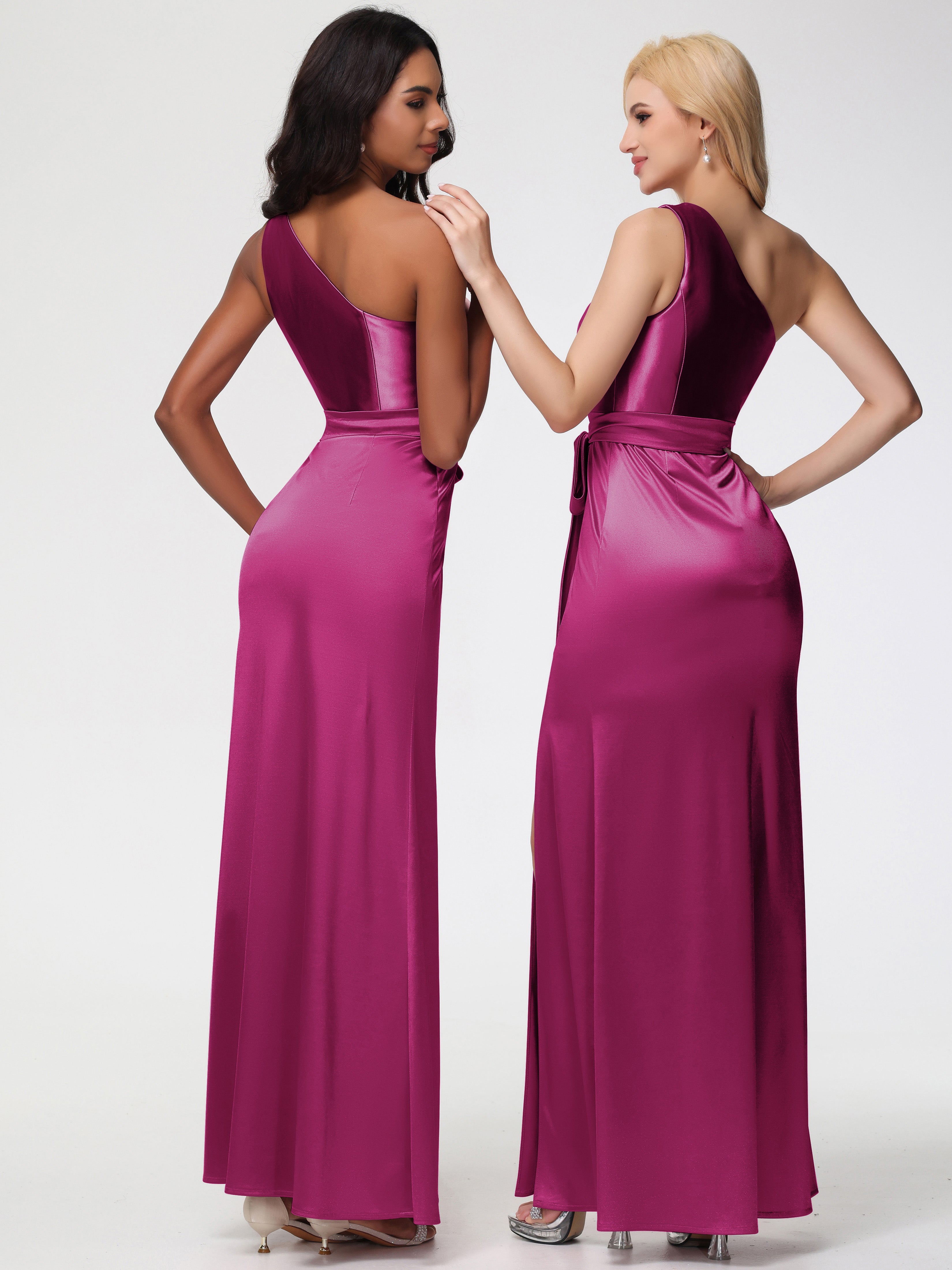Robe Fuchsia Demoiselle D Honneur Seule-épaule Satin Extensible Fendue Robe De Demoiselle D'Honneur Robe à Lacets