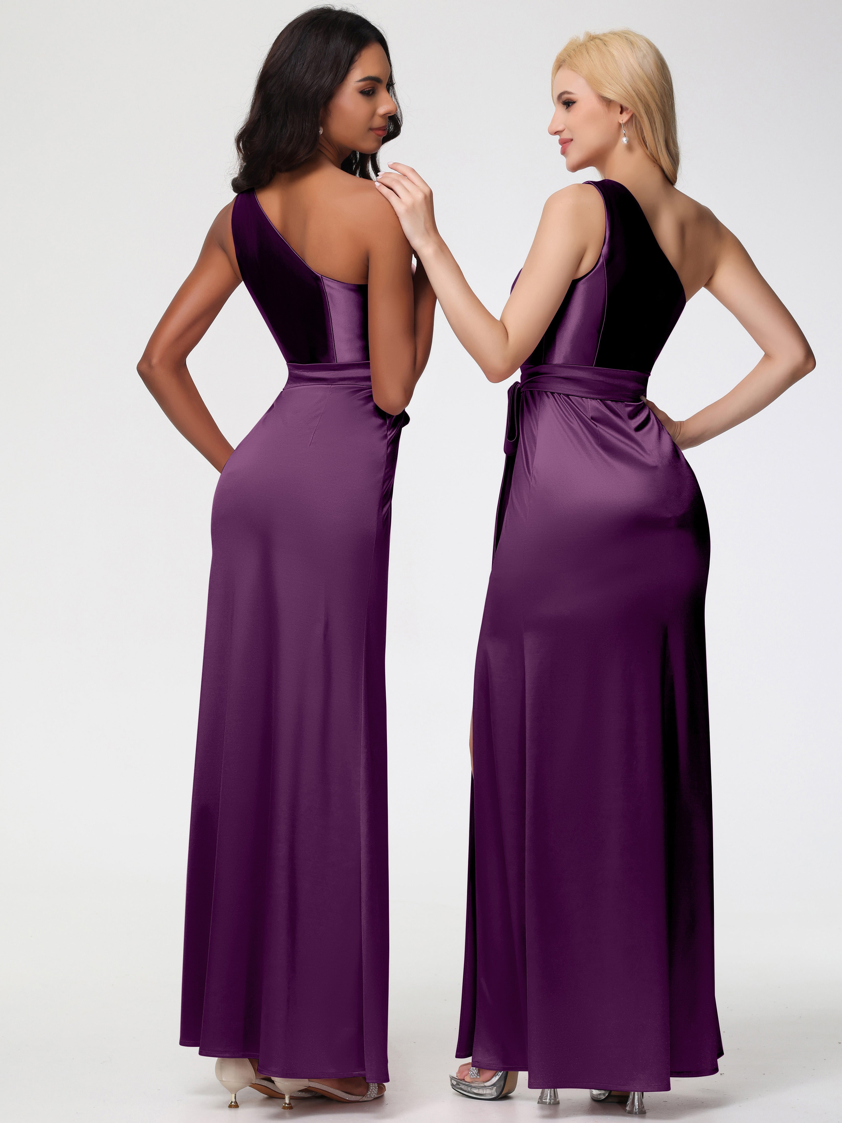 Robes De Demoiselle D'Honneur Raisin Seule-épaule Satin Extensible Fendue Robe De Demoiselle D'Honneur Robe à Lacets