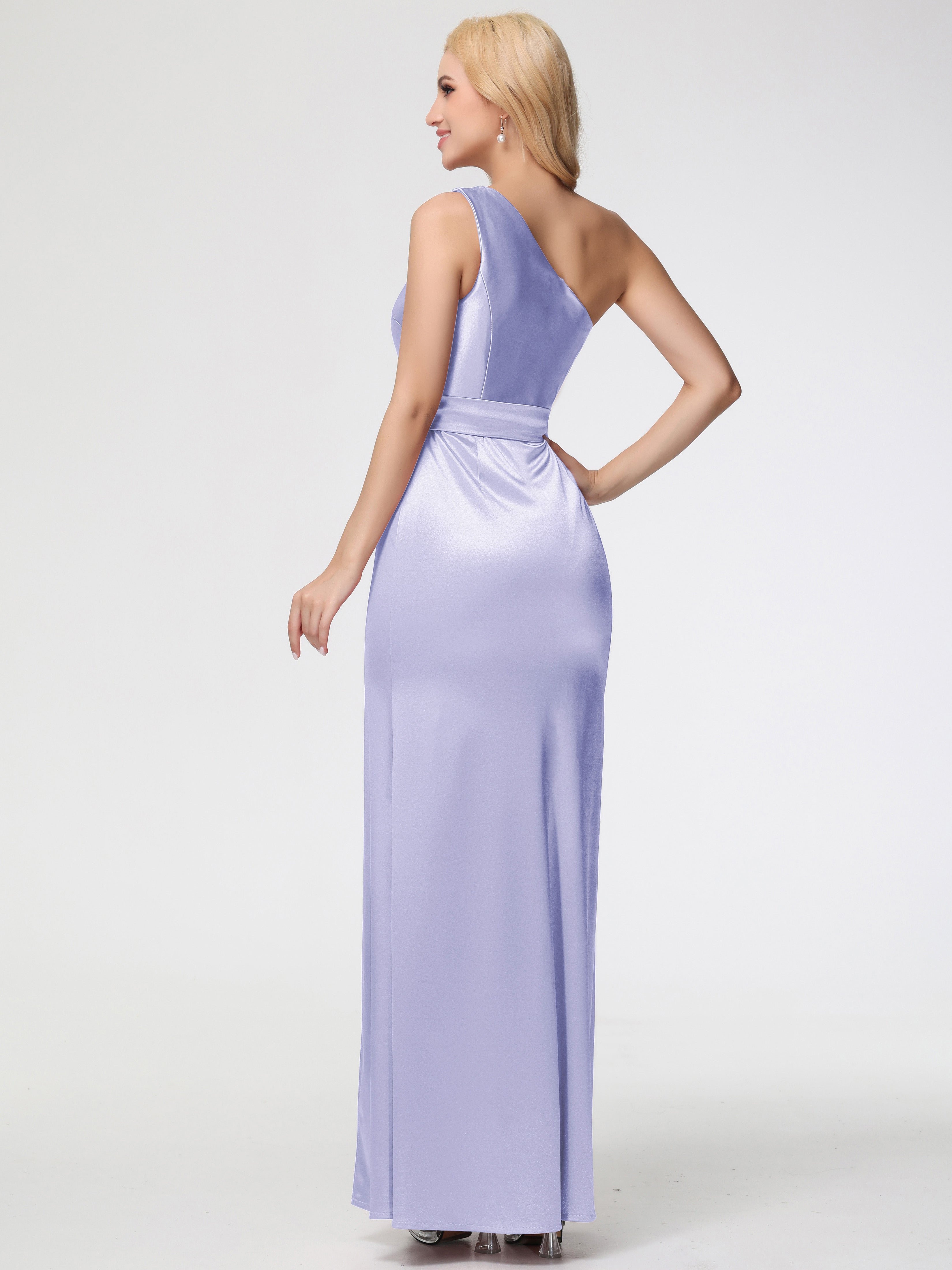 Robes De Demoiselle D'Honneur Lavande Seule-épaule Satin Extensible Fendue Robe De Demoiselle D'Honneur Robe à Lacets