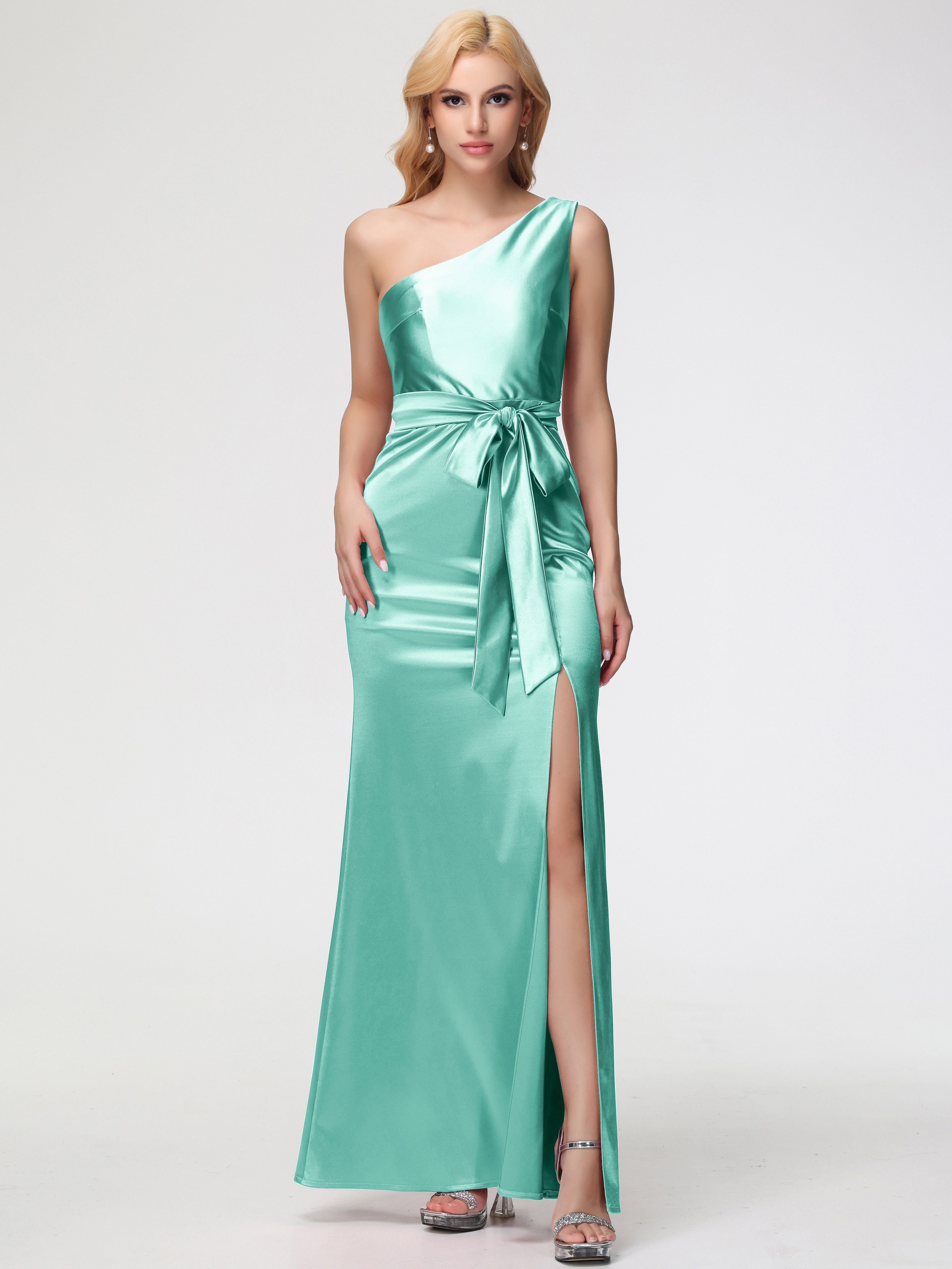 Robes De Demoiselle D'Honneur Vert Menthe Seule-épaule Satin Extensible Fendue Robe De Demoiselle D'Honneur Robe à Lacets