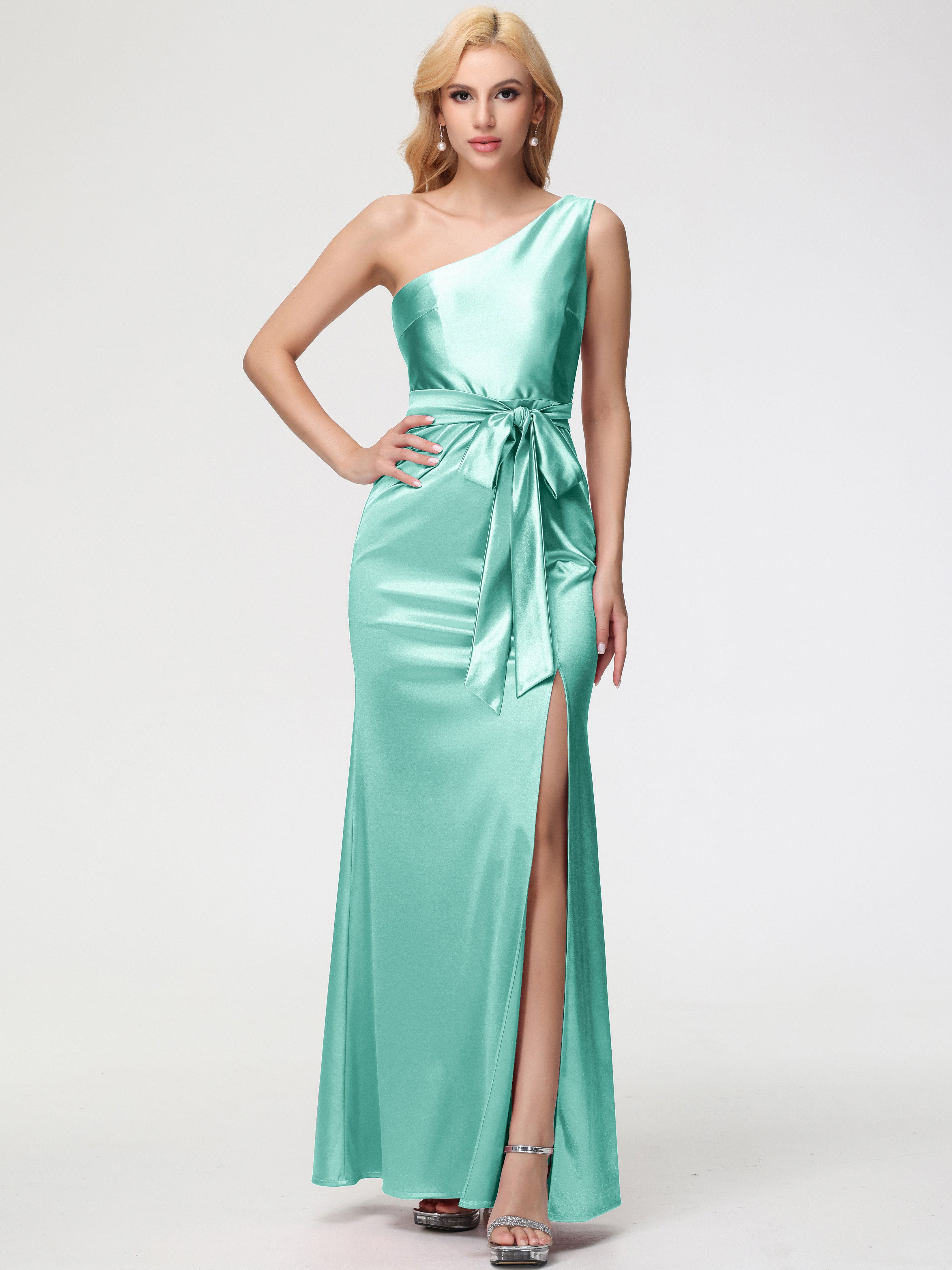 Robes De Demoiselle D'Honneur Vert Menthe Seule-épaule Satin Extensible Fendue Robe De Demoiselle D'Honneur Robe à Lacets