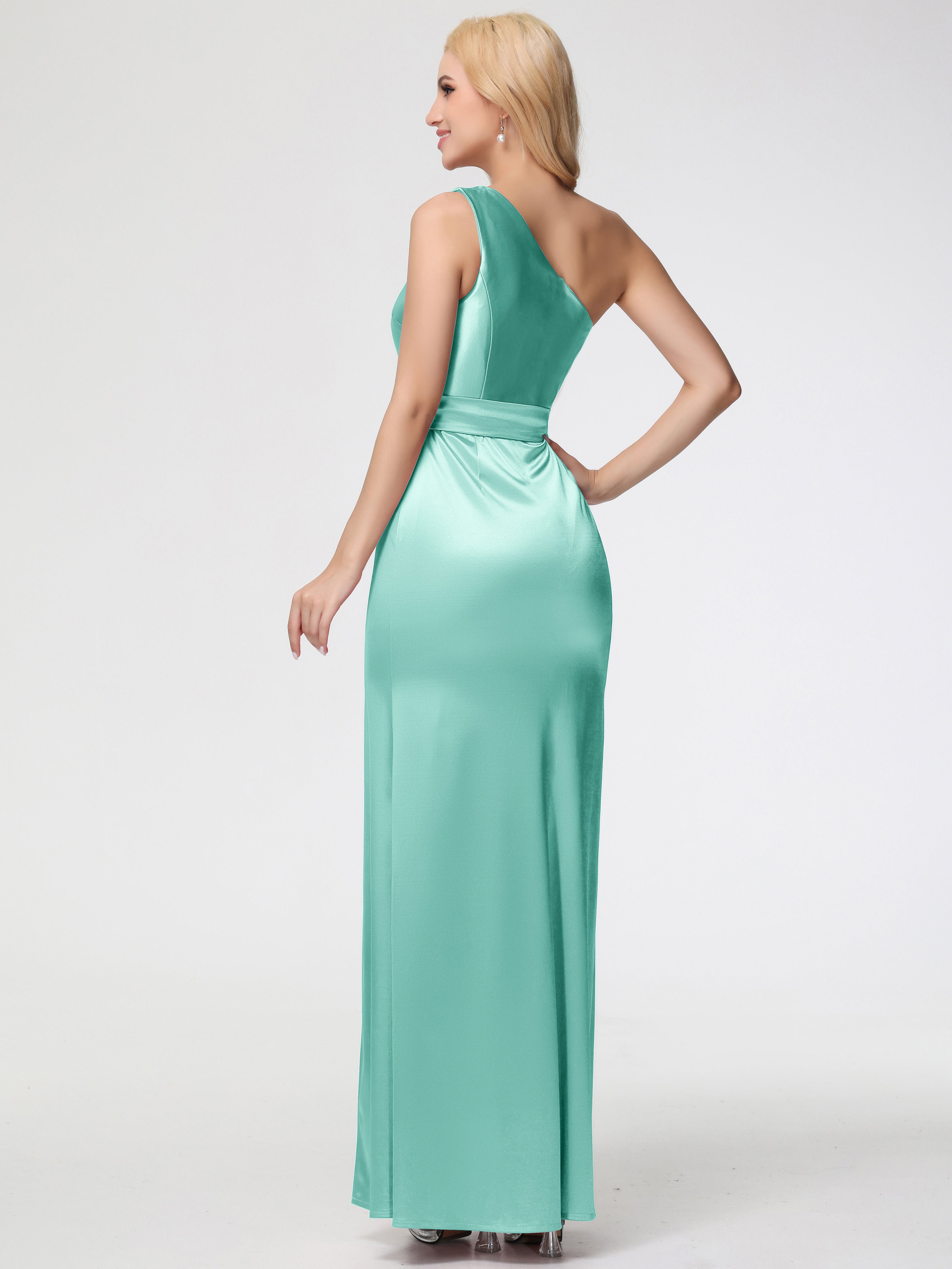 Robes De Demoiselle D'Honneur Vert Menthe Seule-épaule Satin Extensible Fendue Robe De Demoiselle D'Honneur Robe à Lacets