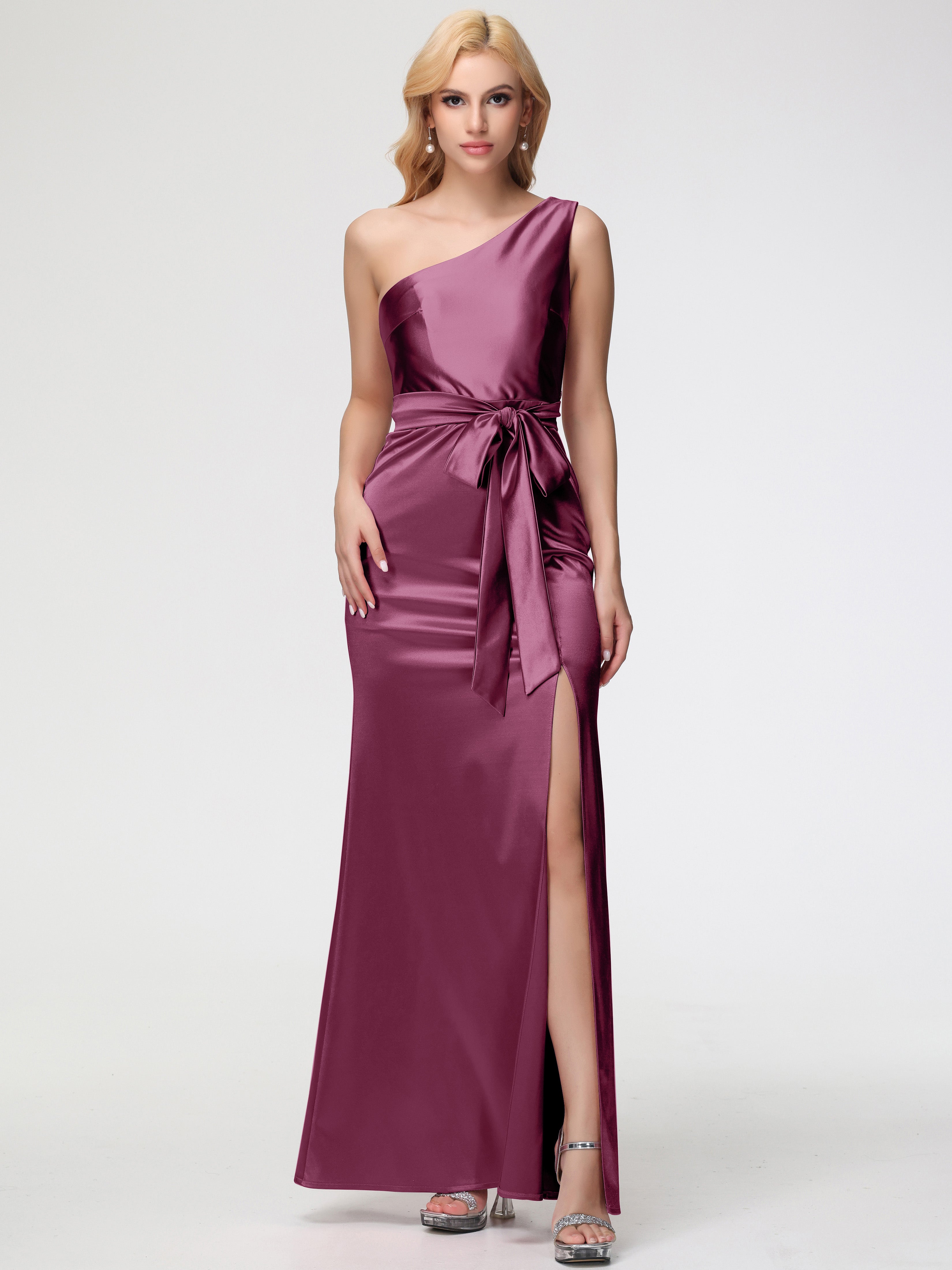 Robes De Demoiselle D'Honneur Mure Seule-épaule Satin Extensible Fendue Robe De Demoiselle D'Honneur Robe à Lacets
