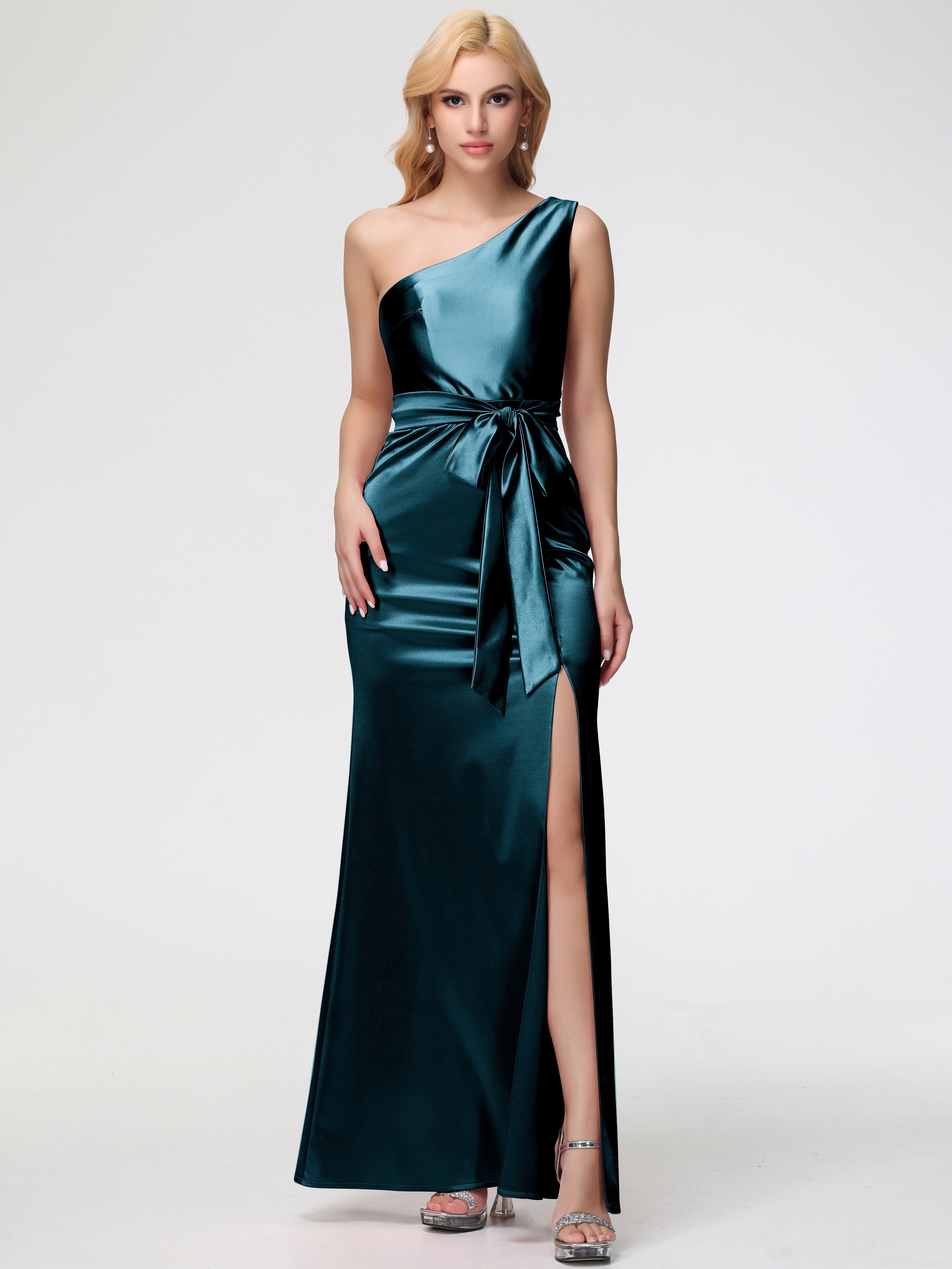 Robe De Demoiselle D'Honneur De Paon Au Sol Seule-épaule Satin Extensible Fendue Robe De Demoiselle D'Honneur Robe à Lacets