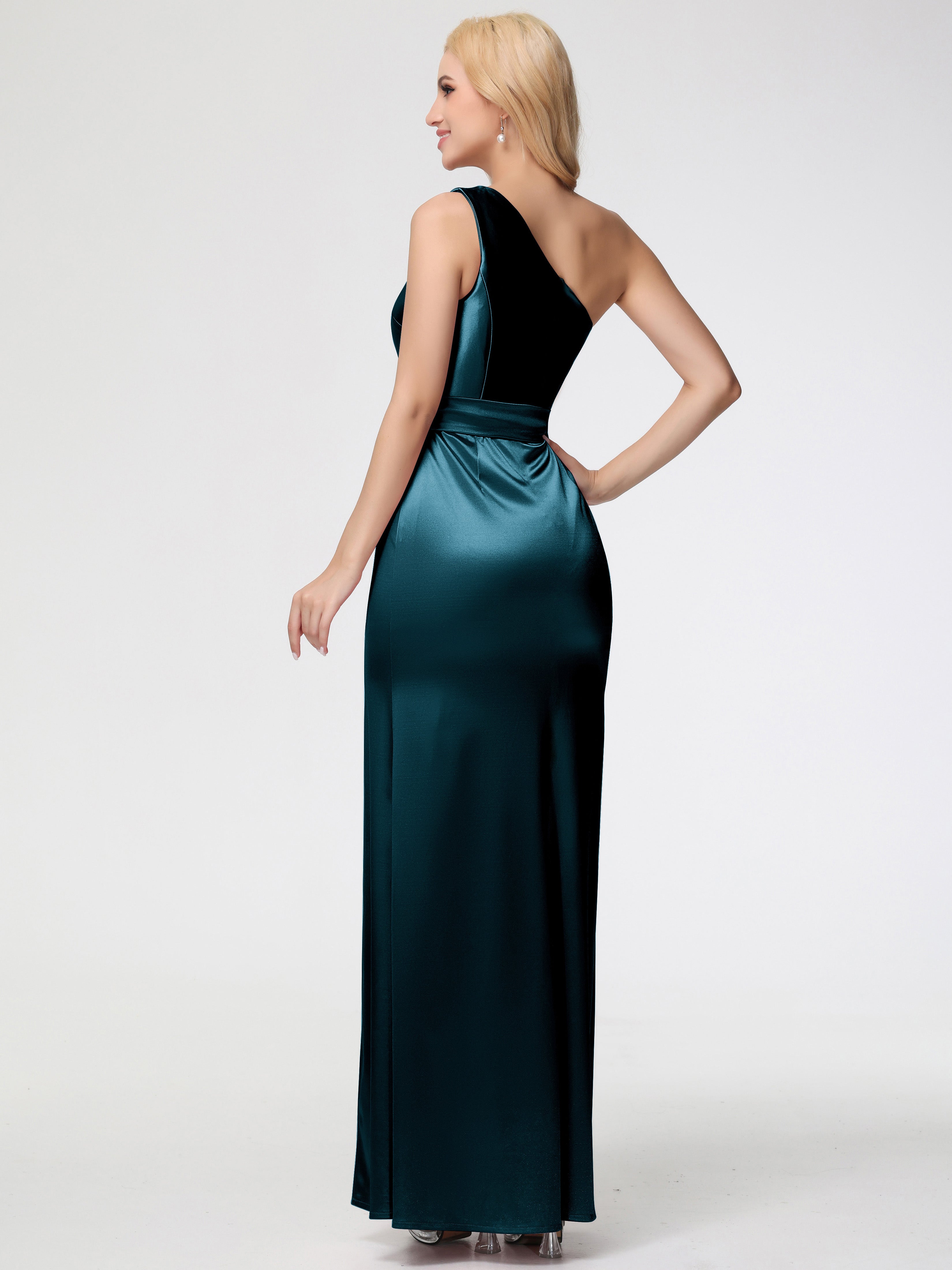 Robe De Demoiselle D'Honneur De Paon Au Sol Seule-épaule Satin Extensible Fendue Robe De Demoiselle D'Honneur Robe à Lacets