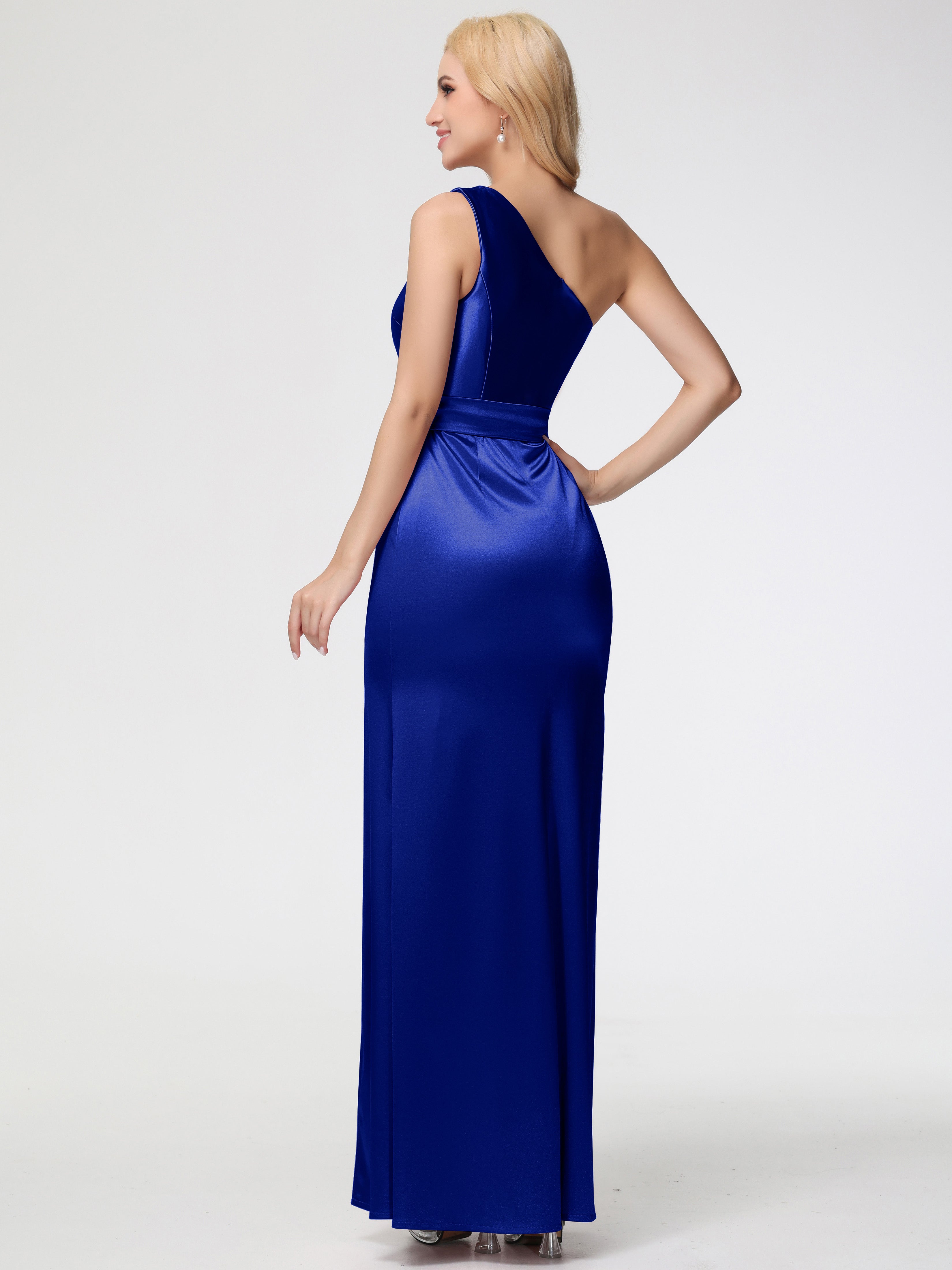 Robes De Demoiselle D'Honneur Bleu Royal Longues Seule-épaule Satin Extensible Fendue Robe De Demoiselle D'Honneur Robe à Lacets