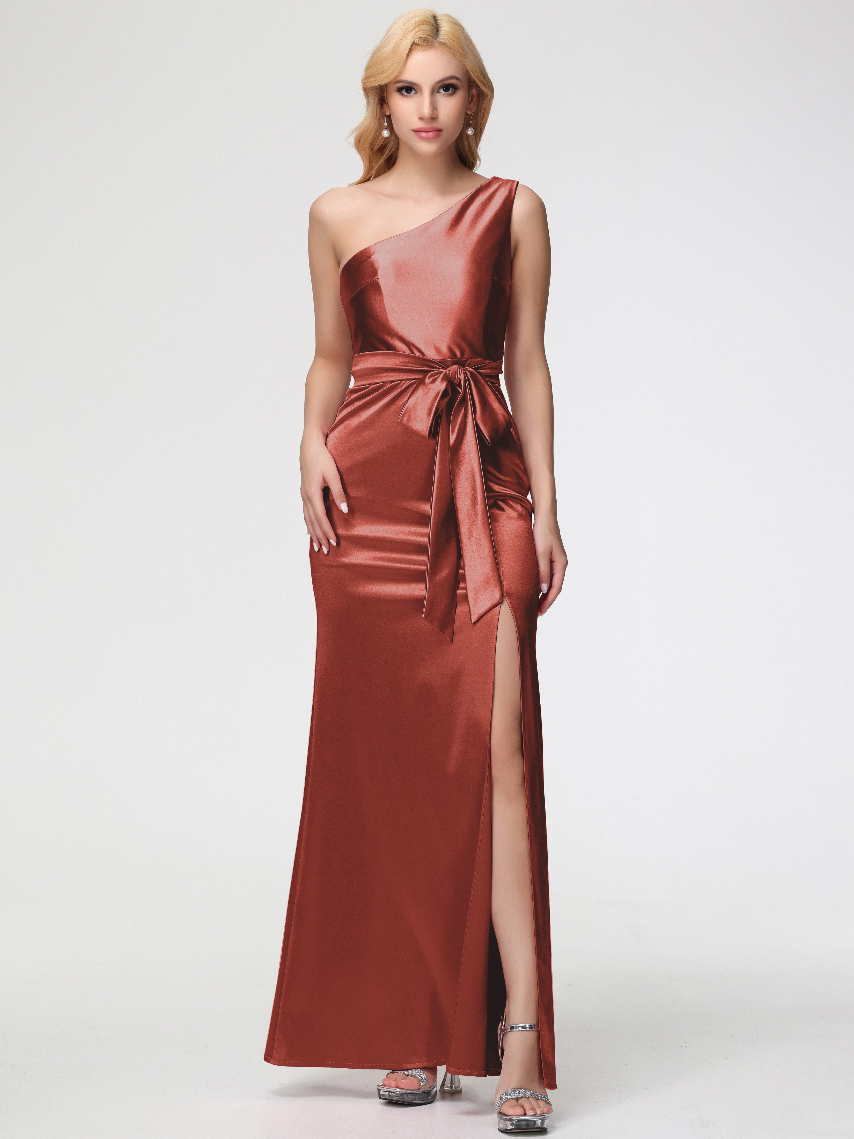Demoiselle D'Honneur De Rouille Seule-épaule Satin Extensible Fendue Robe De Demoiselle D'Honneur Robe à Lacets