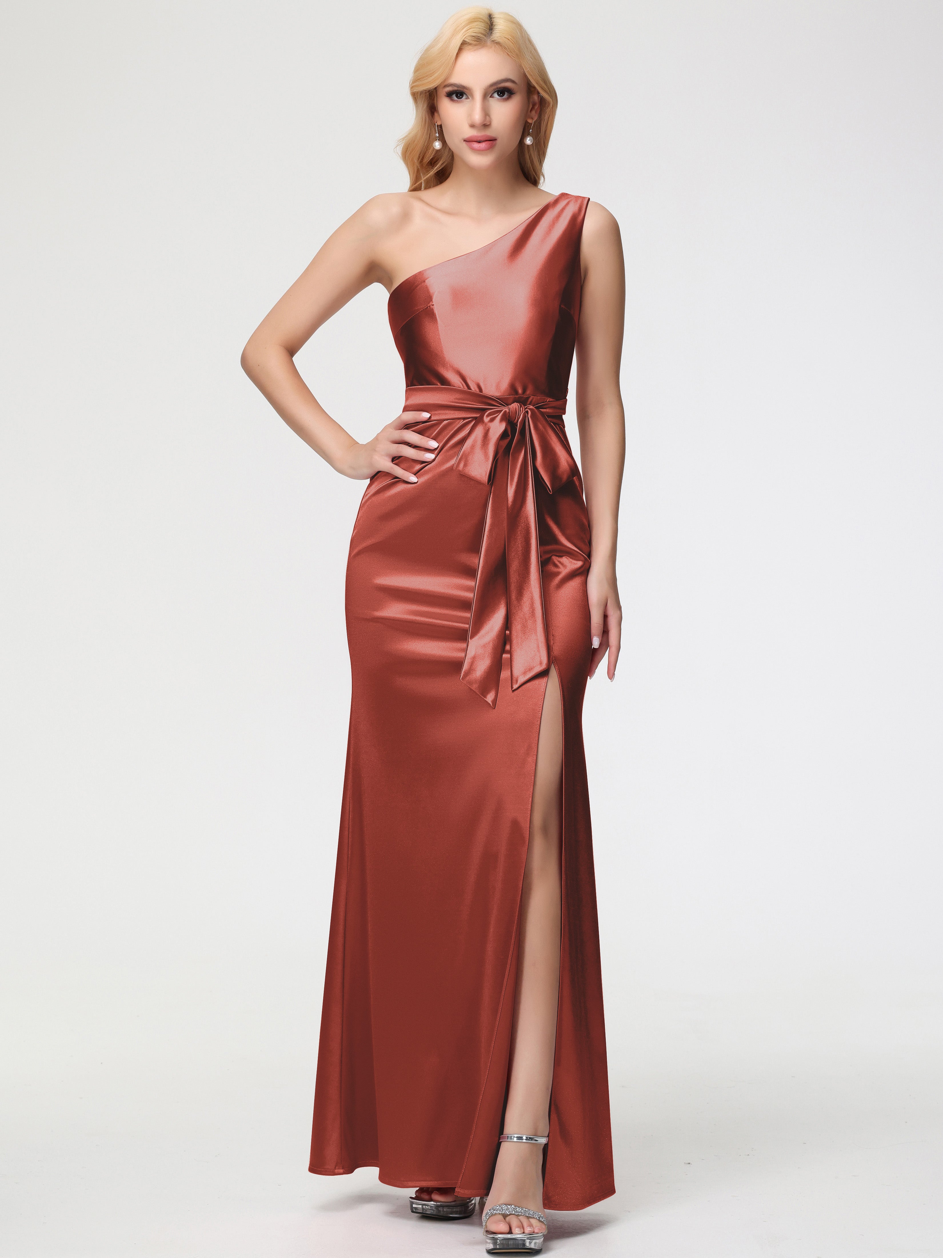 Demoiselle D'Honneur De Rouille Seule-épaule Satin Extensible Fendue Robe De Demoiselle D'Honneur Robe à Lacets