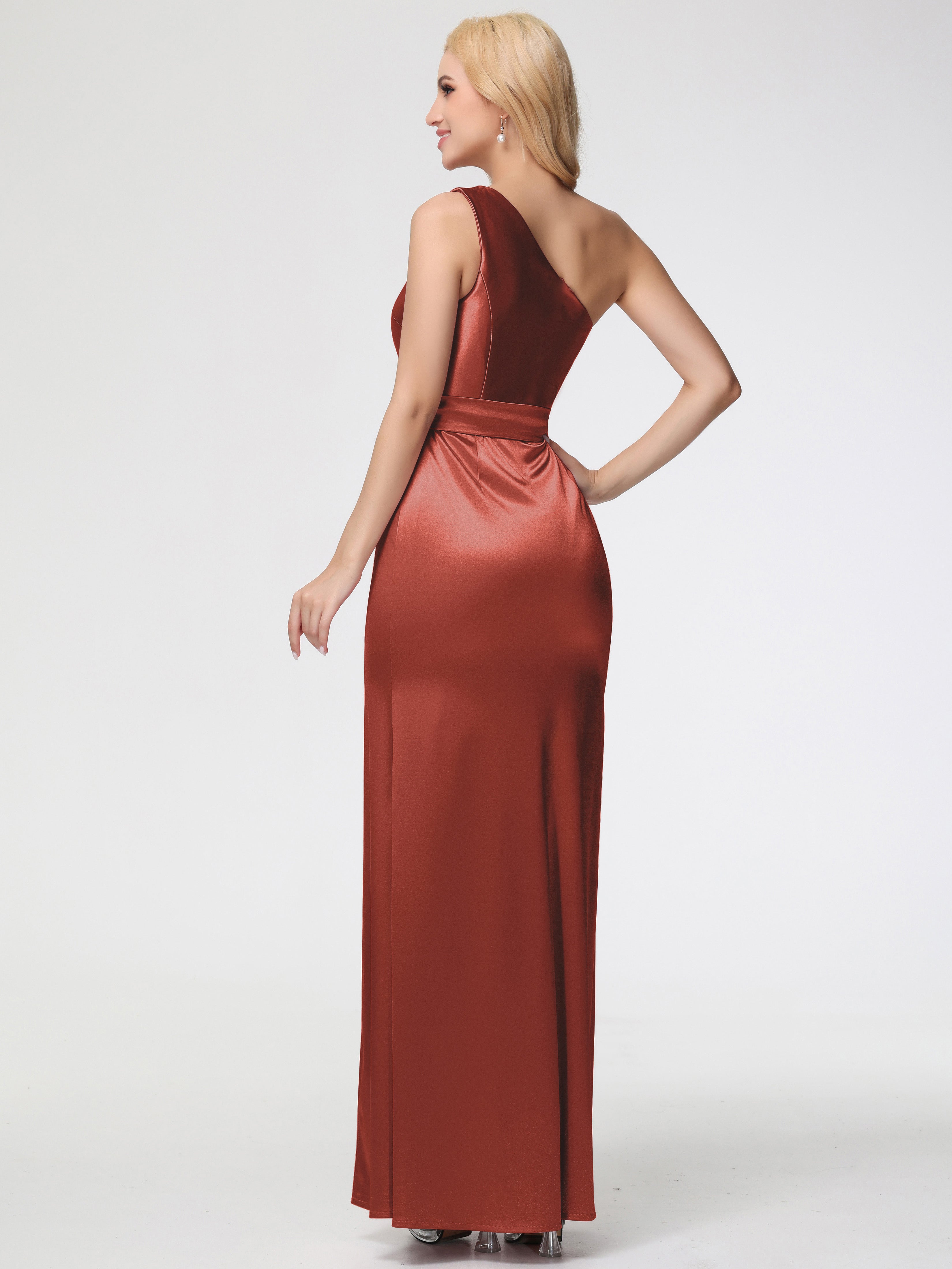 Demoiselle D'Honneur De Rouille Seule-épaule Satin Extensible Fendue Robe De Demoiselle D'Honneur Robe à Lacets