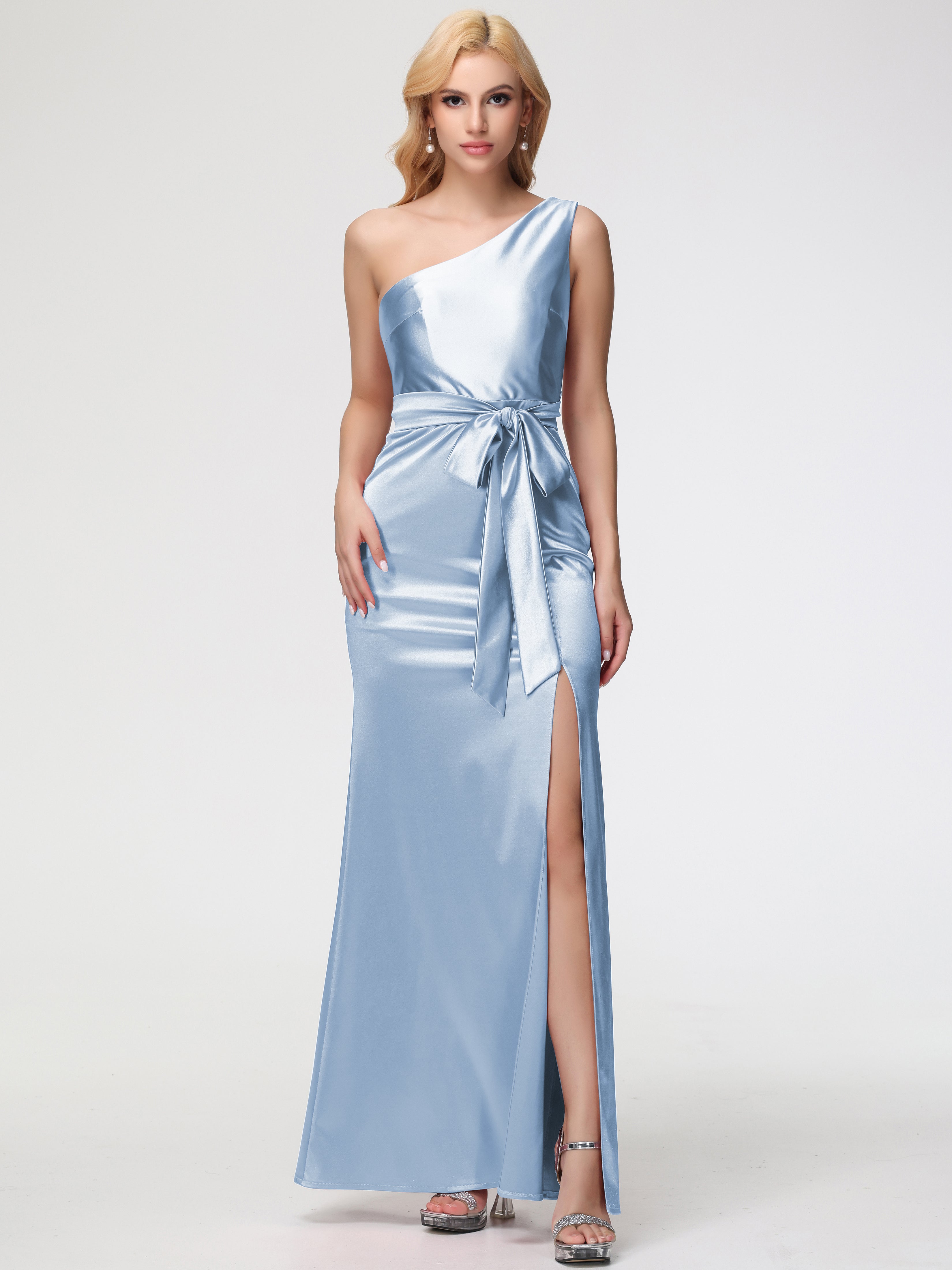 Robe Longue Bleu Ciel Demoiselle D Honneur Seule-épaule Satin Extensible Fendue Robe De Demoiselle D'Honneur Robe à Lacets