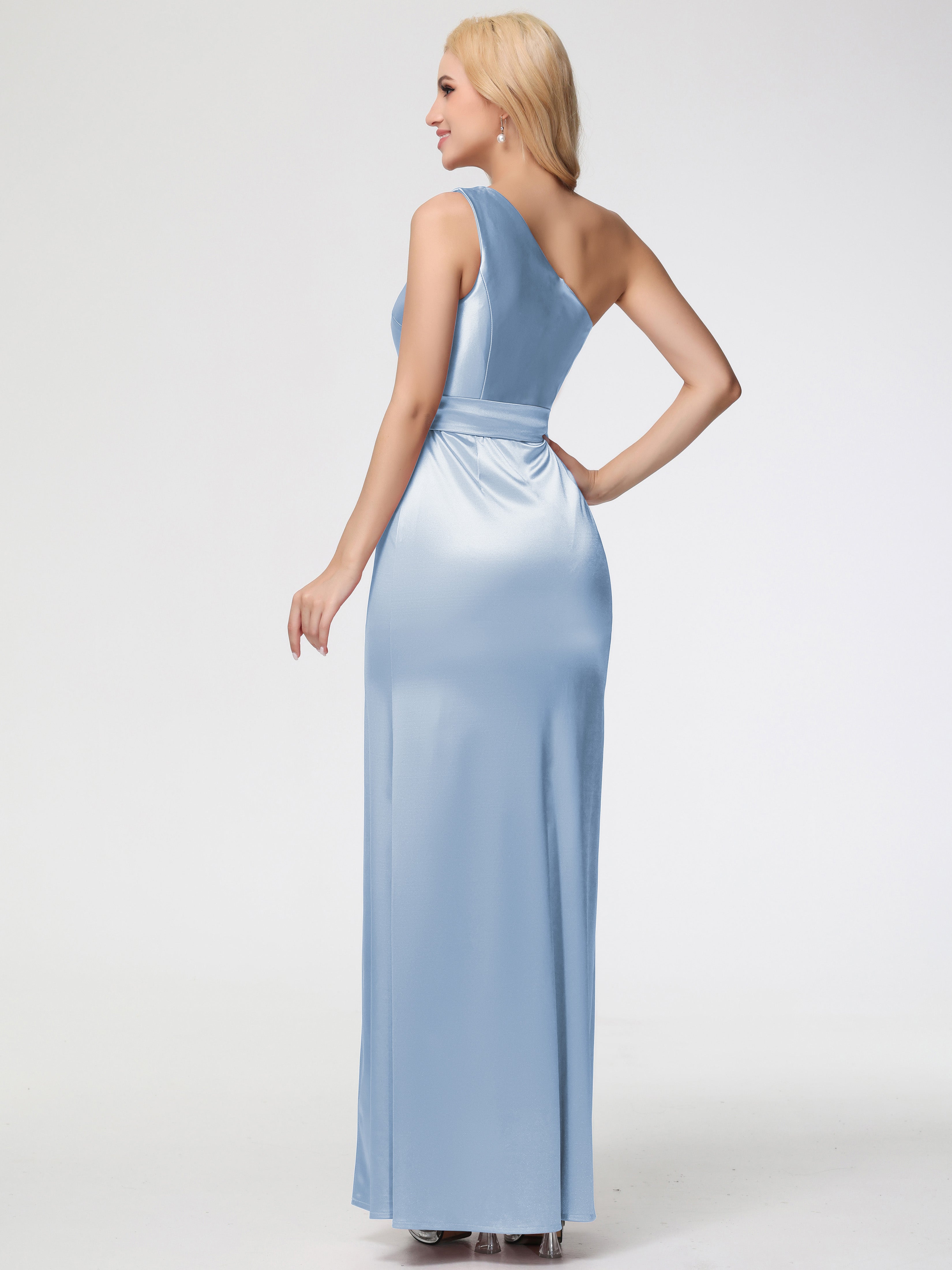 Robe Longue Bleu Ciel Demoiselle D Honneur Seule-épaule Satin Extensible Fendue Robe De Demoiselle D'Honneur Robe à Lacets