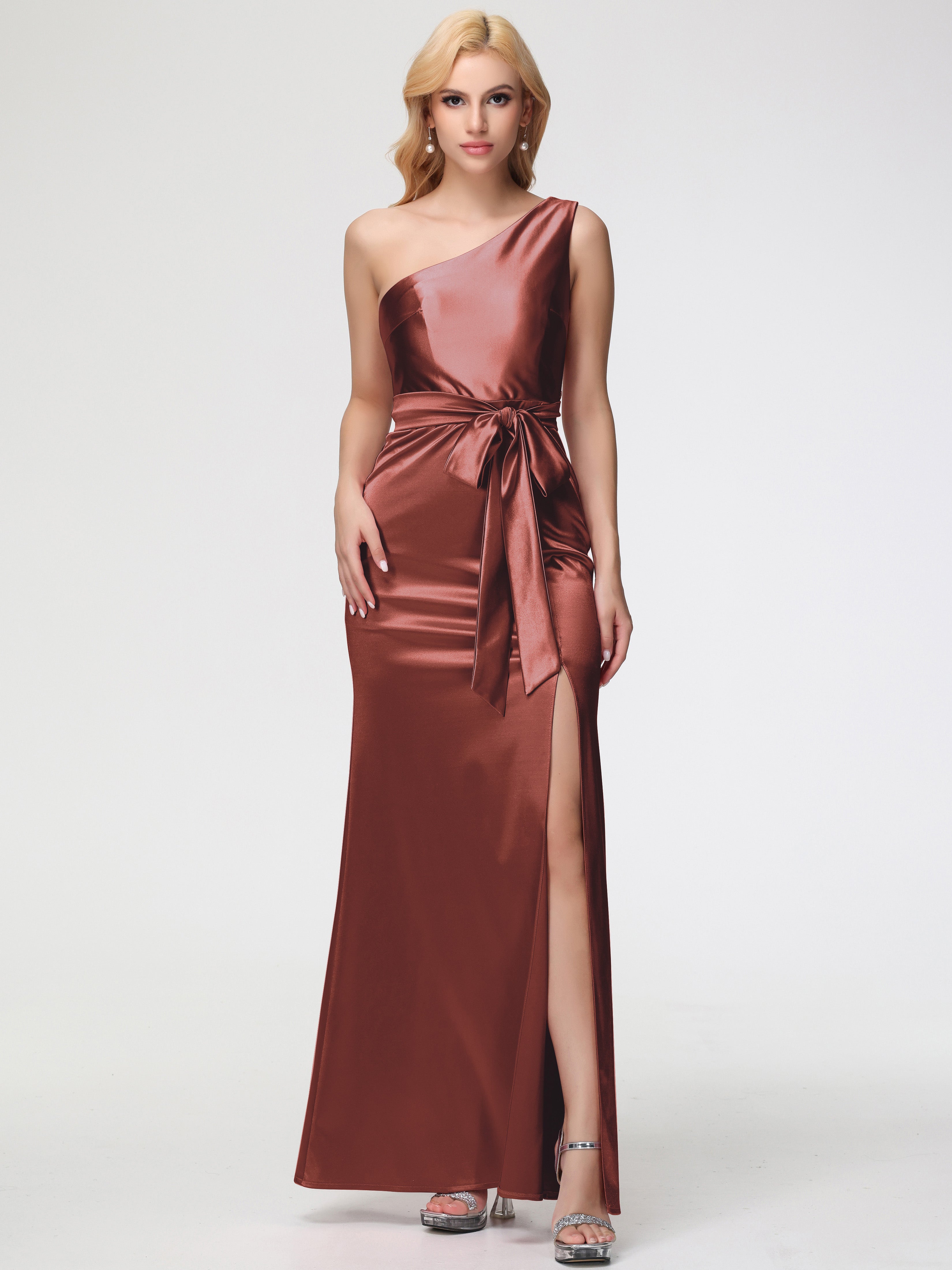 Robe De Demoiselle D Honneur Terracotta Seule-épaule Satin Extensible Fendue Robe De Demoiselle D'Honneur Robe à Lacets