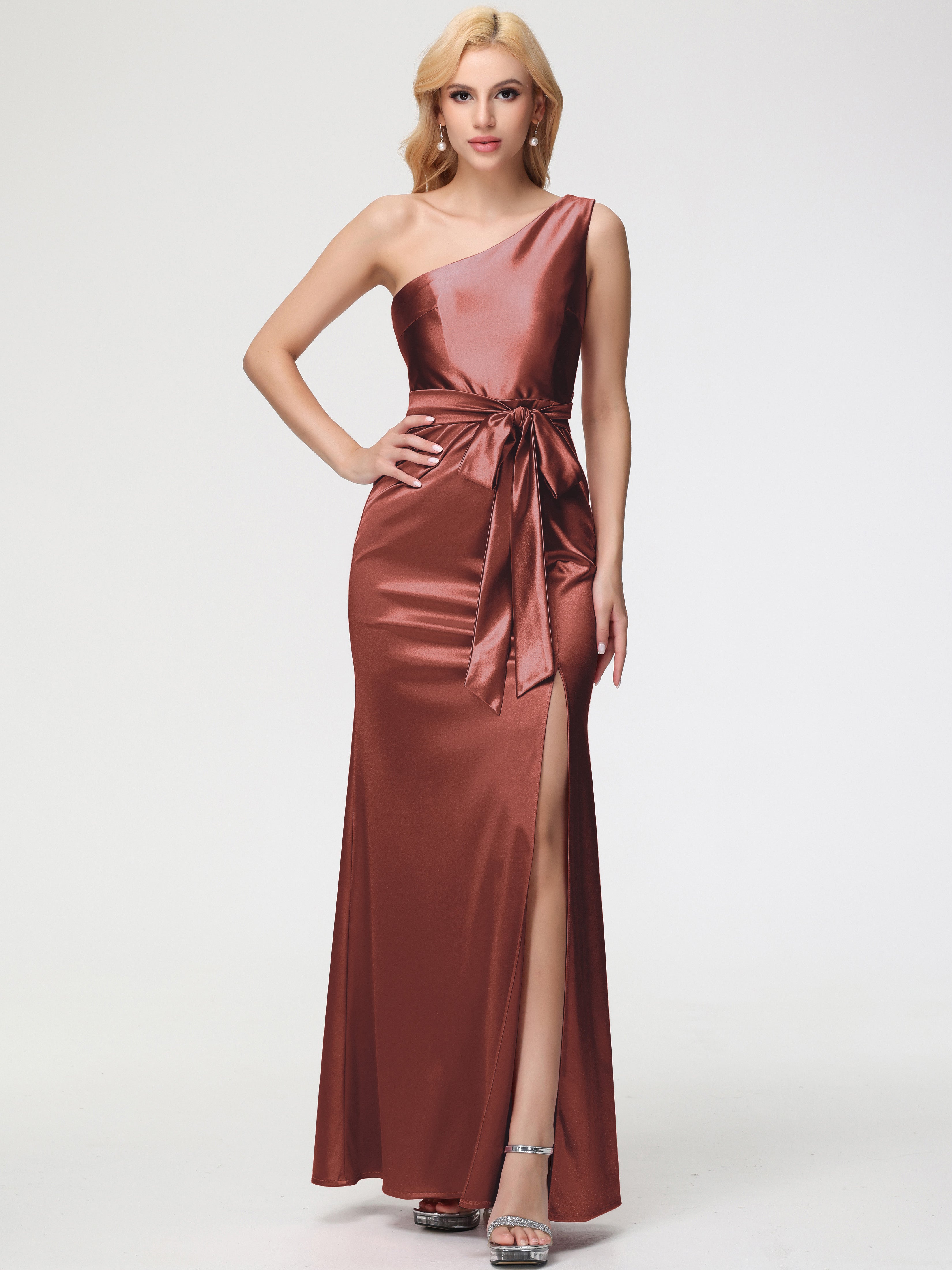 Robe De Demoiselle D Honneur Terracotta Seule-épaule Satin Extensible Fendue Robe De Demoiselle D'Honneur Robe à Lacets