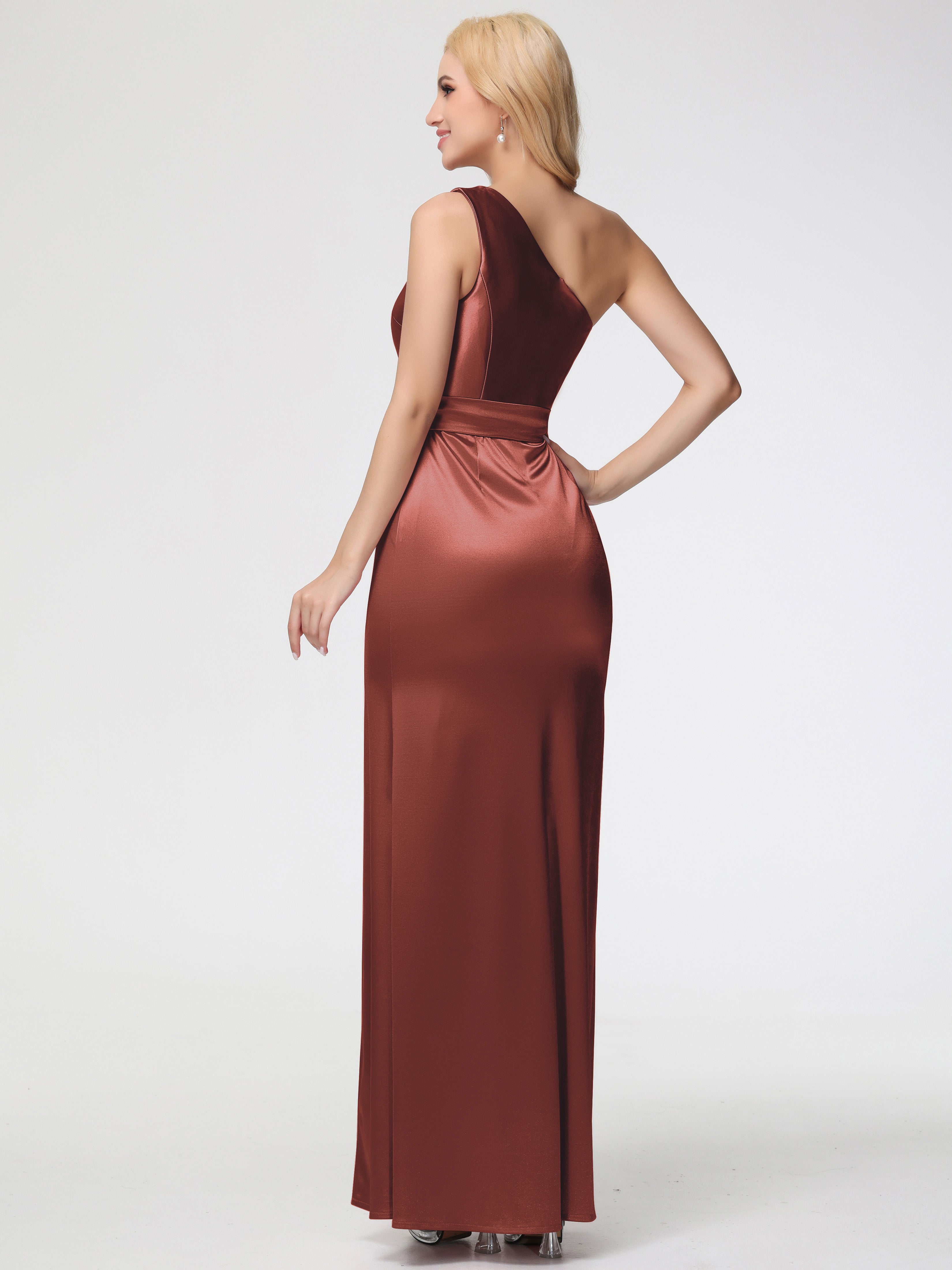 Robe De Demoiselle D Honneur Terracotta Seule-épaule Satin Extensible Fendue Robe De Demoiselle D'Honneur Robe à Lacets