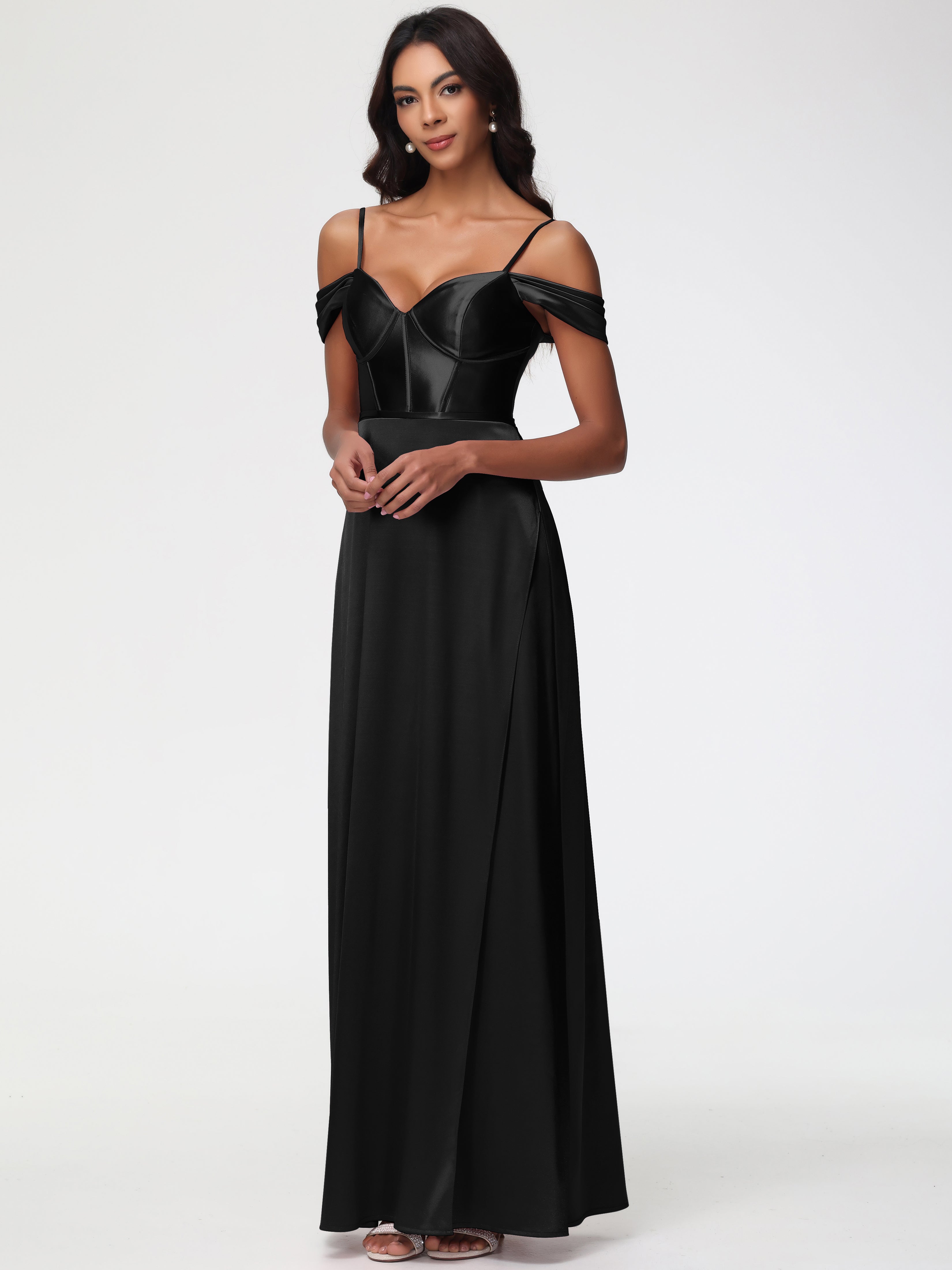 Longues Robes De Demoiselle D'Honneur Noires Satin Extensible Robe Demoiselle D Honneur Épaule Dénudée