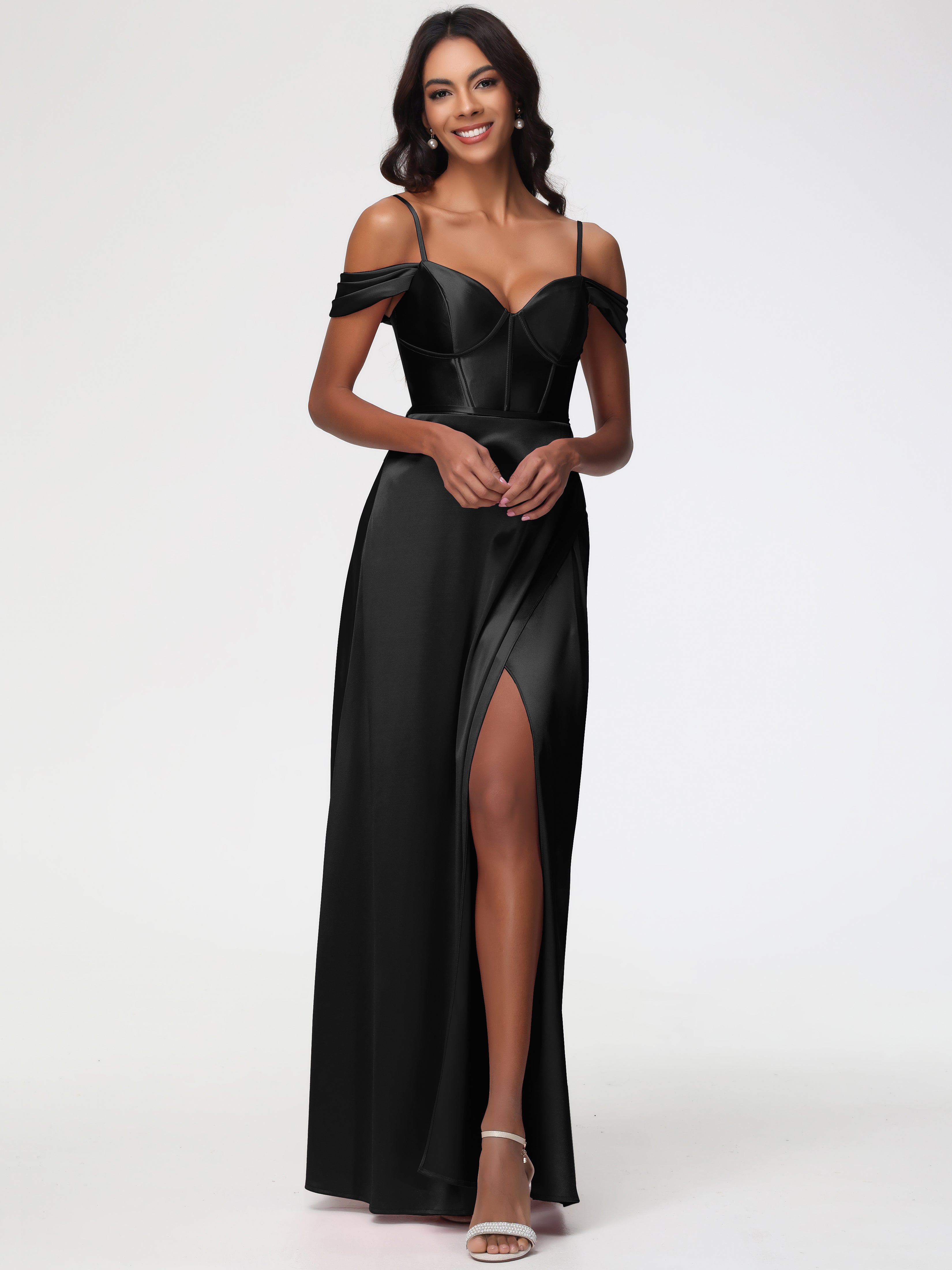 Longues Robes De Demoiselle D'Honneur Noires Satin Extensible Robe Demoiselle D Honneur Épaule Dénudée