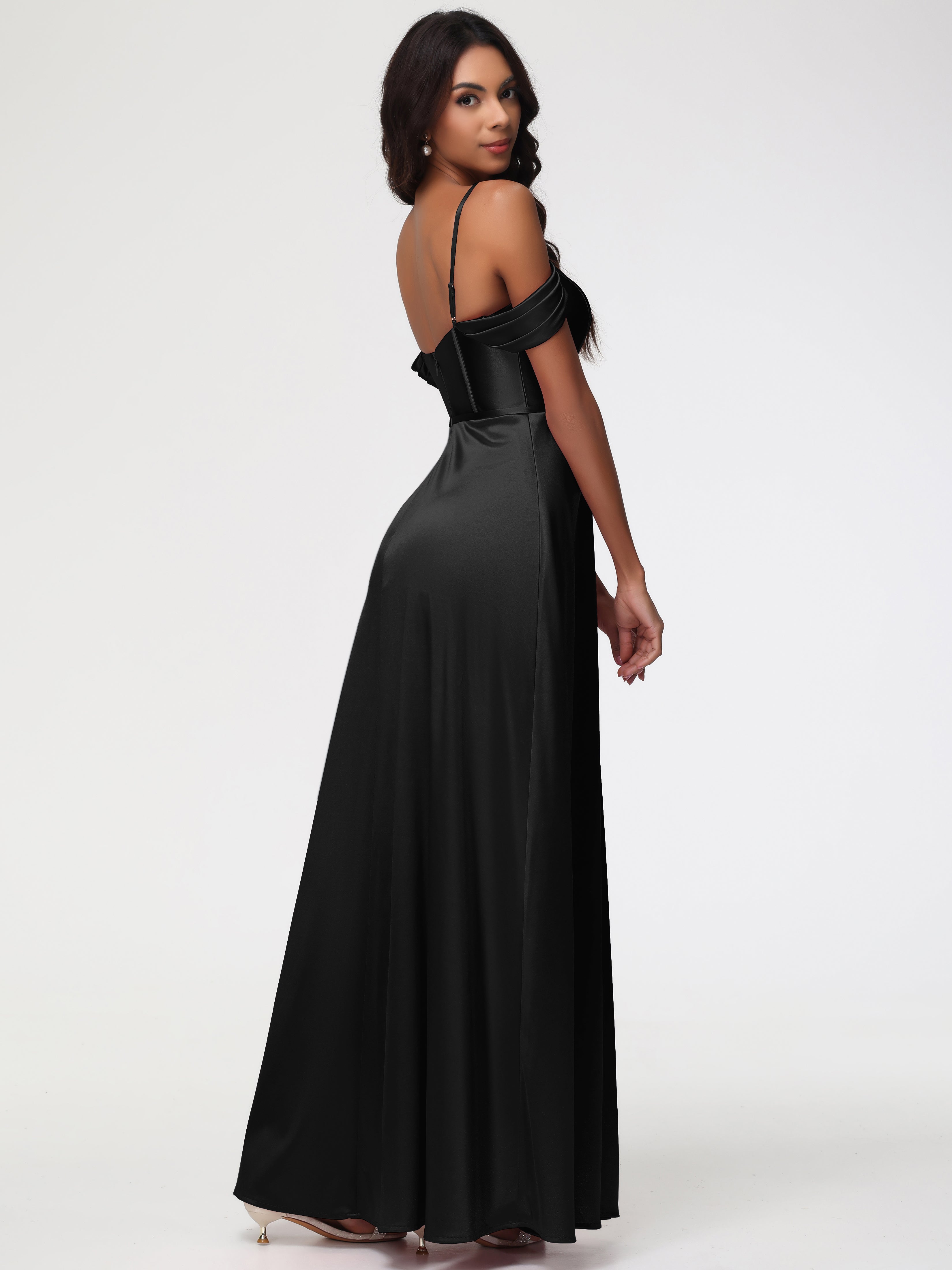 Longues Robes De Demoiselle D'Honneur Noires Satin Extensible Robe Demoiselle D Honneur Épaule Dénudée