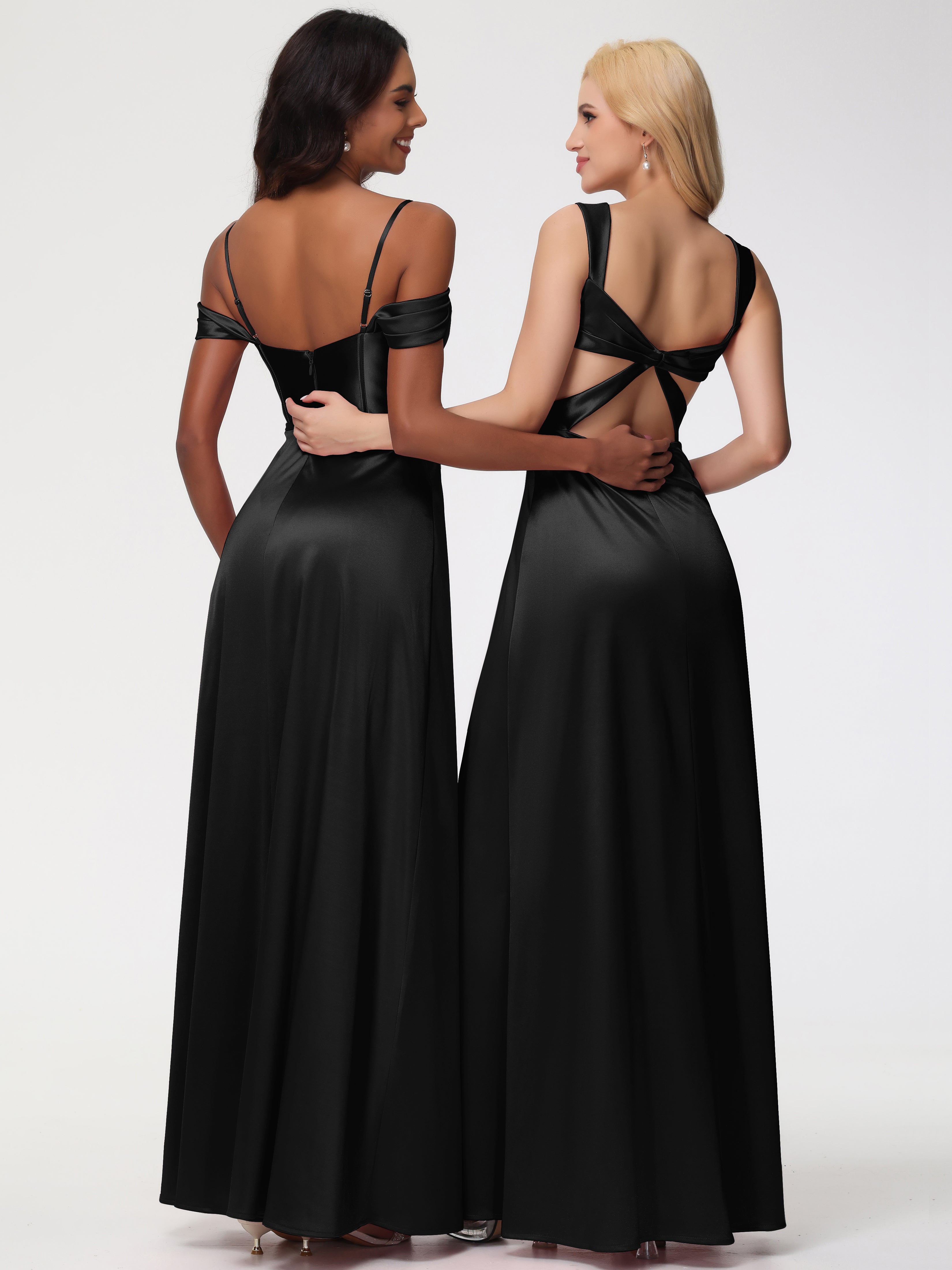 Longues Robes De Demoiselle D'Honneur Noires Satin Extensible Robe Demoiselle D Honneur Épaule Dénudée
