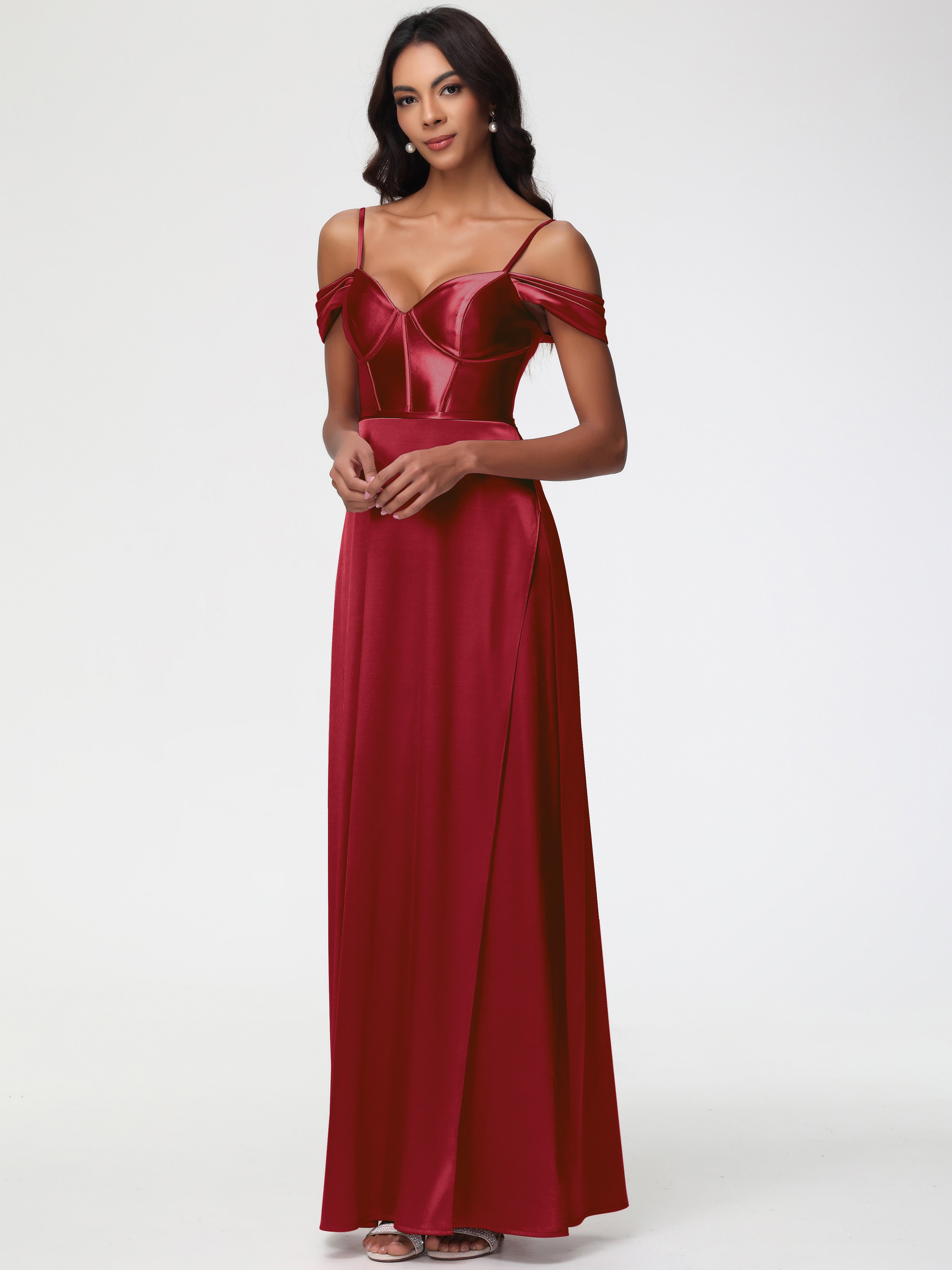 Robe Demoiselle D Honneur Bordeaux Satin Extensible Robe Demoiselle D Honneur Épaule Dénudée