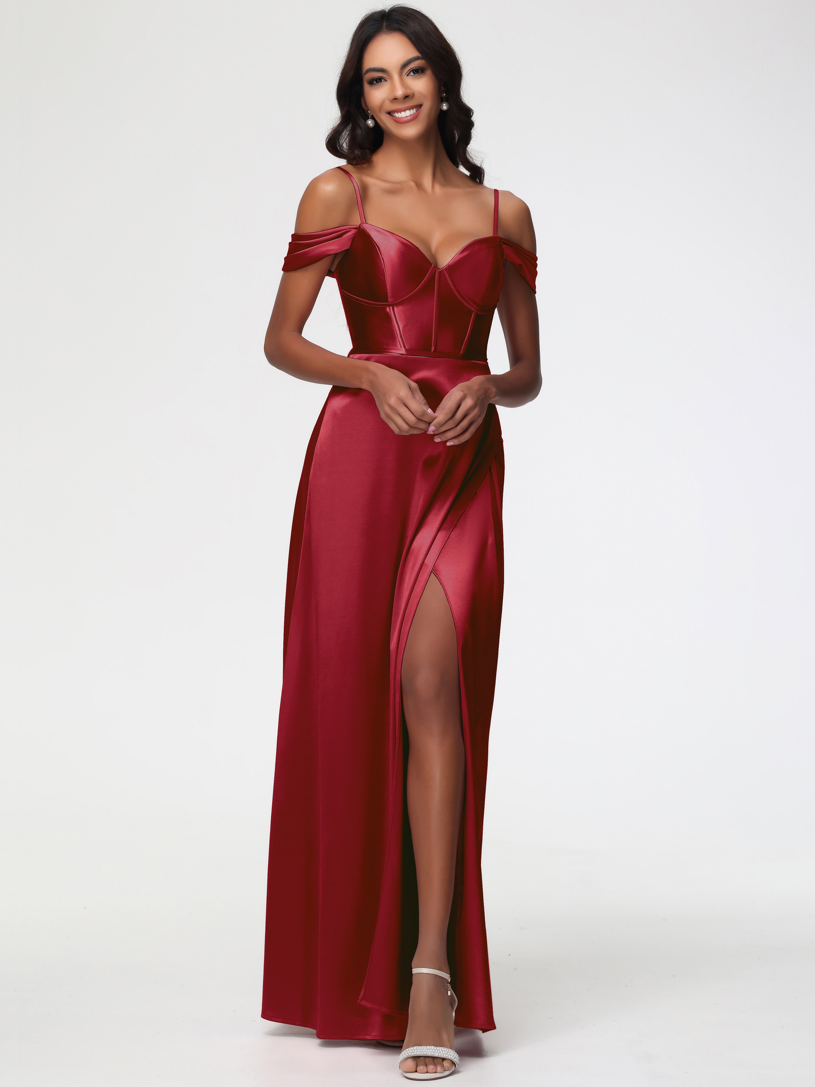 Robe Demoiselle D Honneur Bordeaux Satin Extensible Robe Demoiselle D Honneur Épaule Dénudée