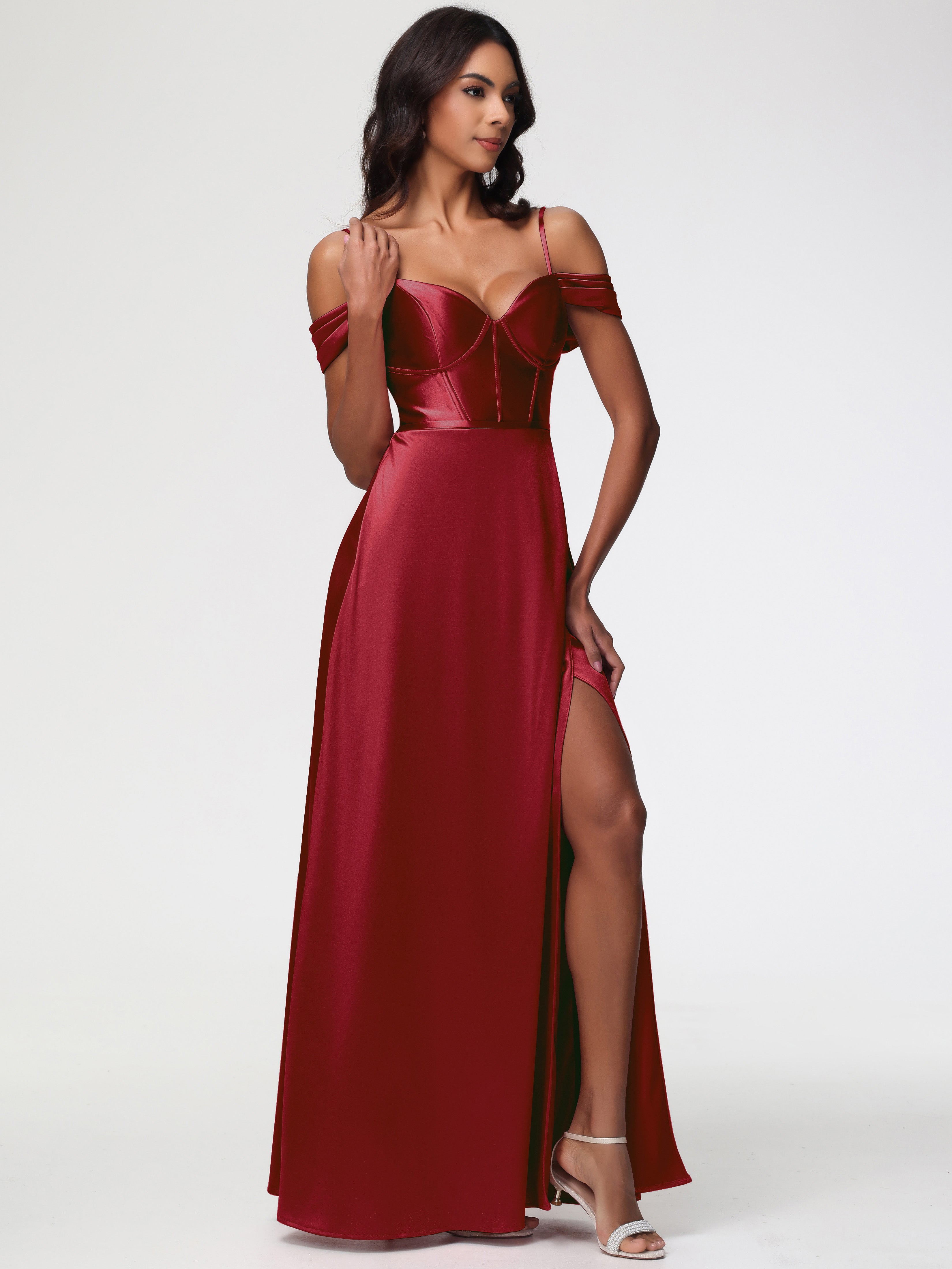 Robe Demoiselle D Honneur Bordeaux Satin Extensible Robe Demoiselle D Honneur Épaule Dénudée