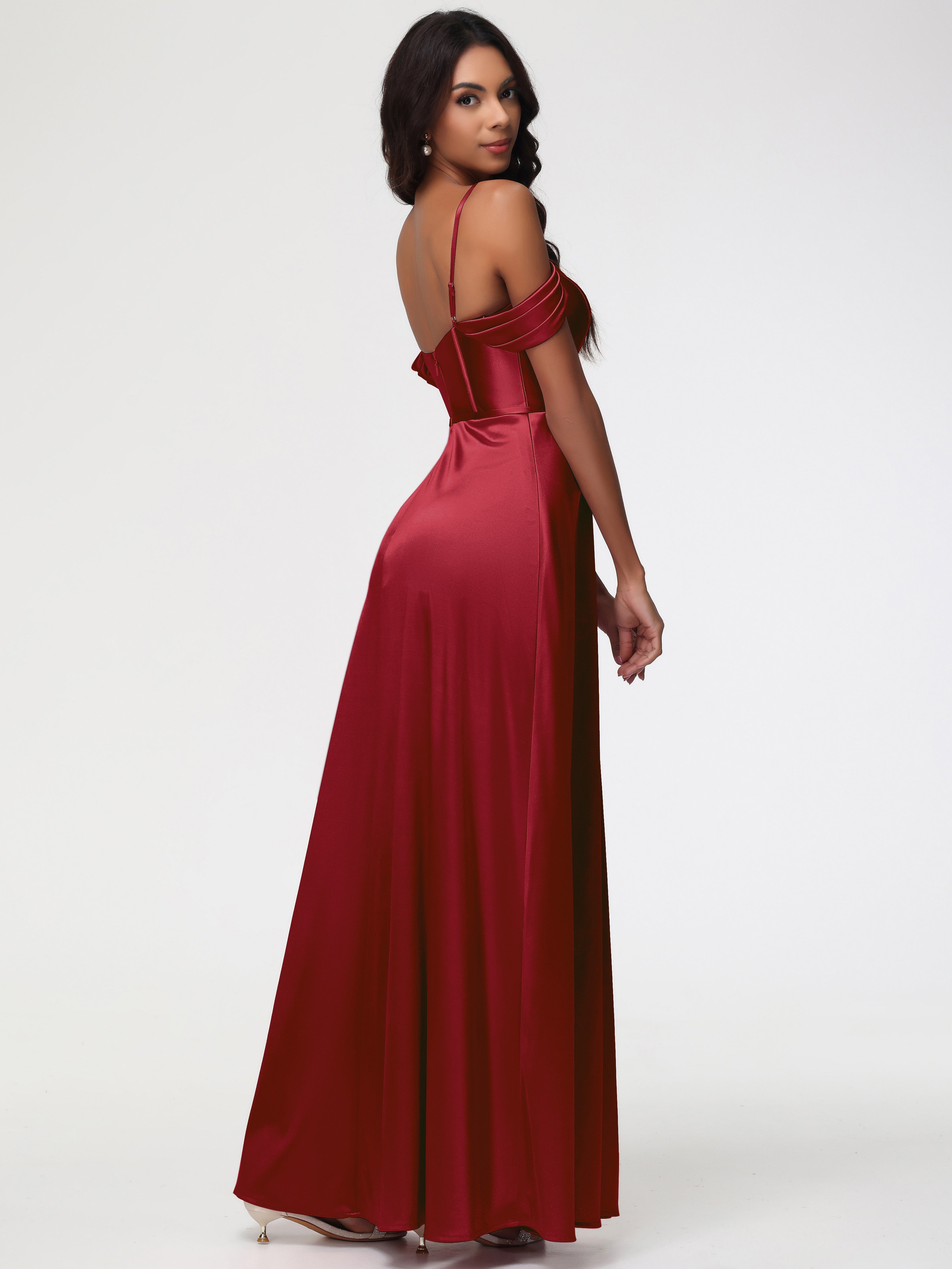 Robe Demoiselle D Honneur Bordeaux Satin Extensible Robe Demoiselle D Honneur Épaule Dénudée