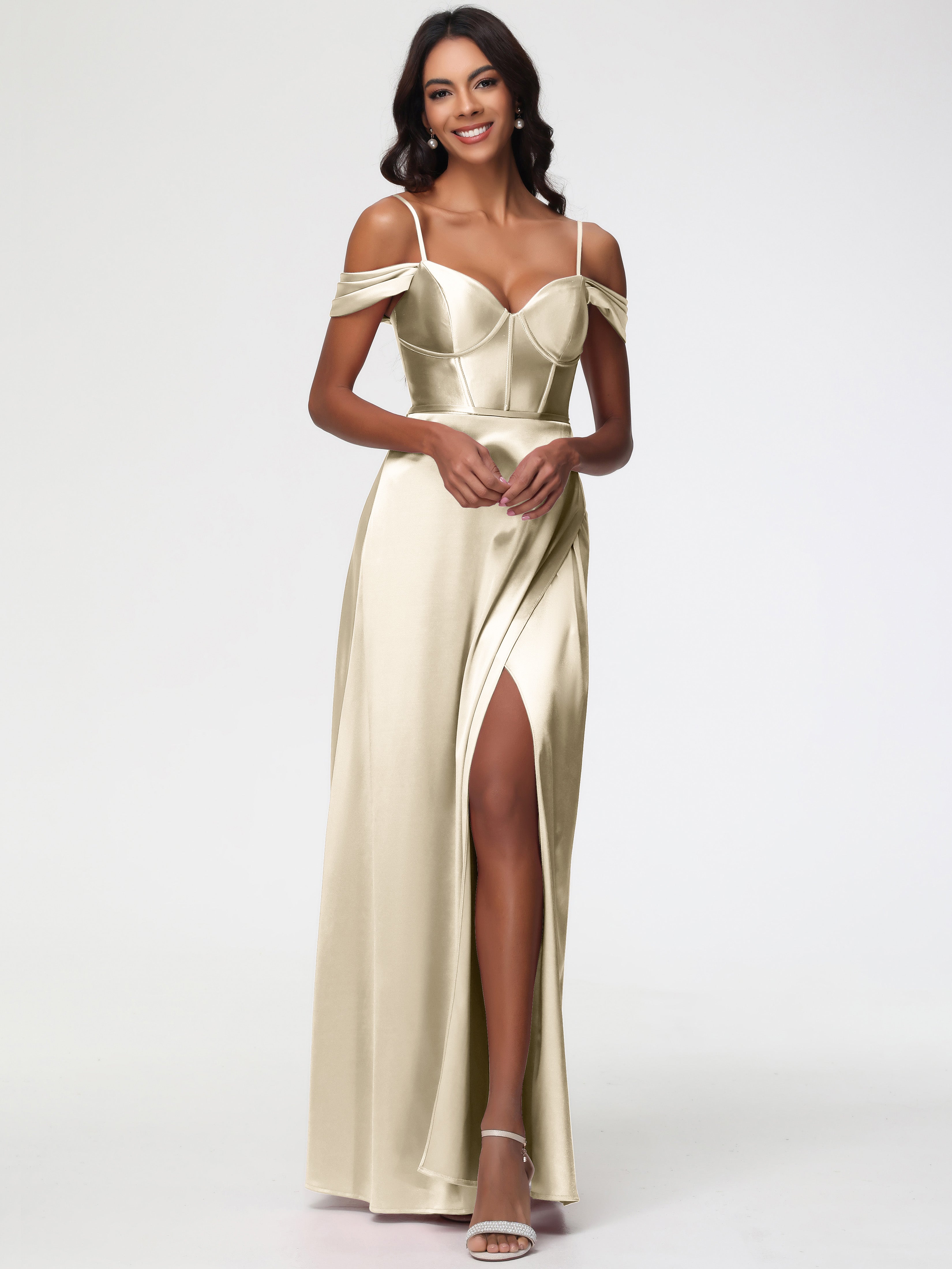Robe Demoiselle D Honneur Champagne Satin Extensible Robe Demoiselle D Honneur Épaule Dénudée