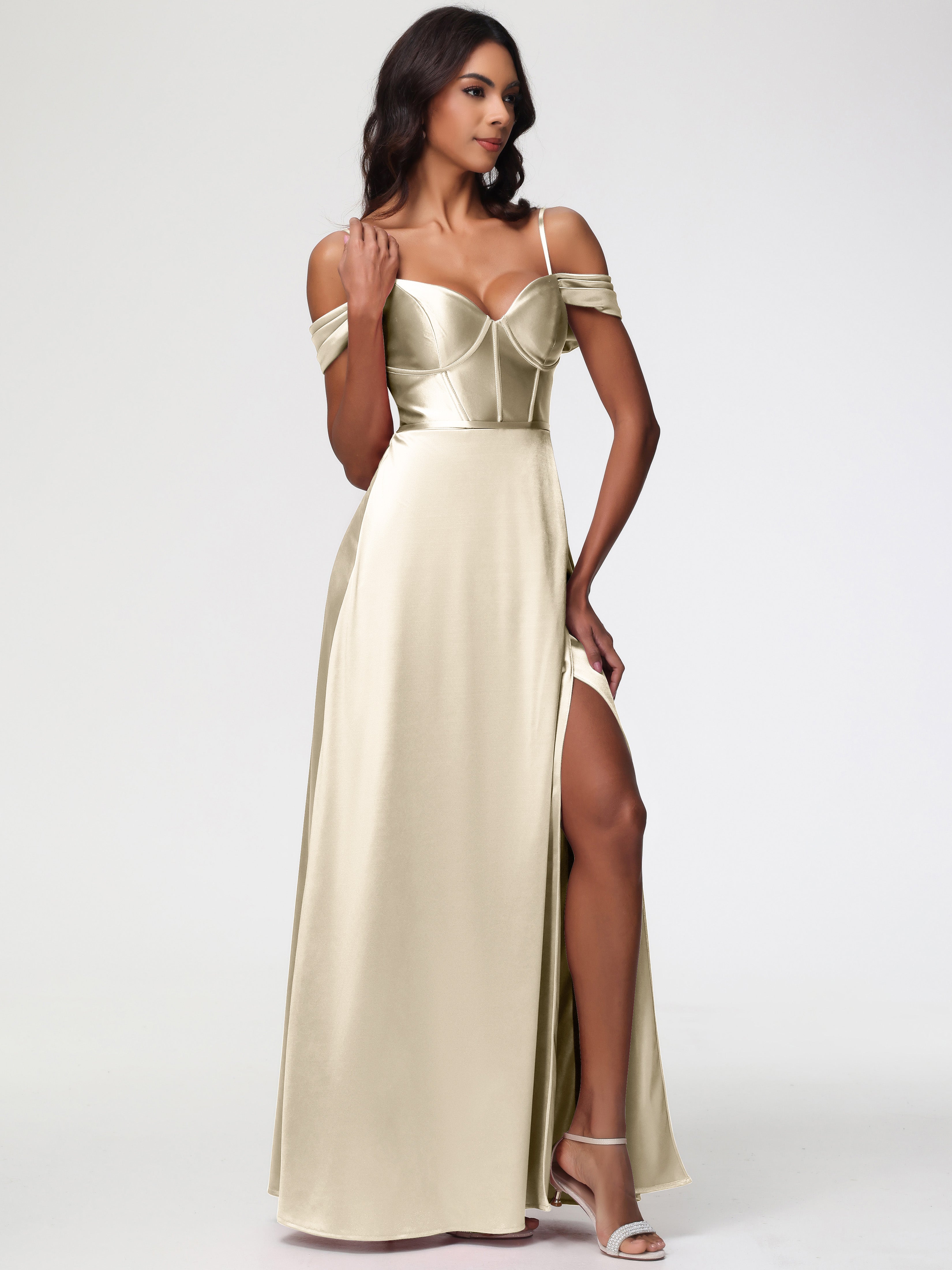 Robe Demoiselle D Honneur Champagne Satin Extensible Robe Demoiselle D Honneur Épaule Dénudée