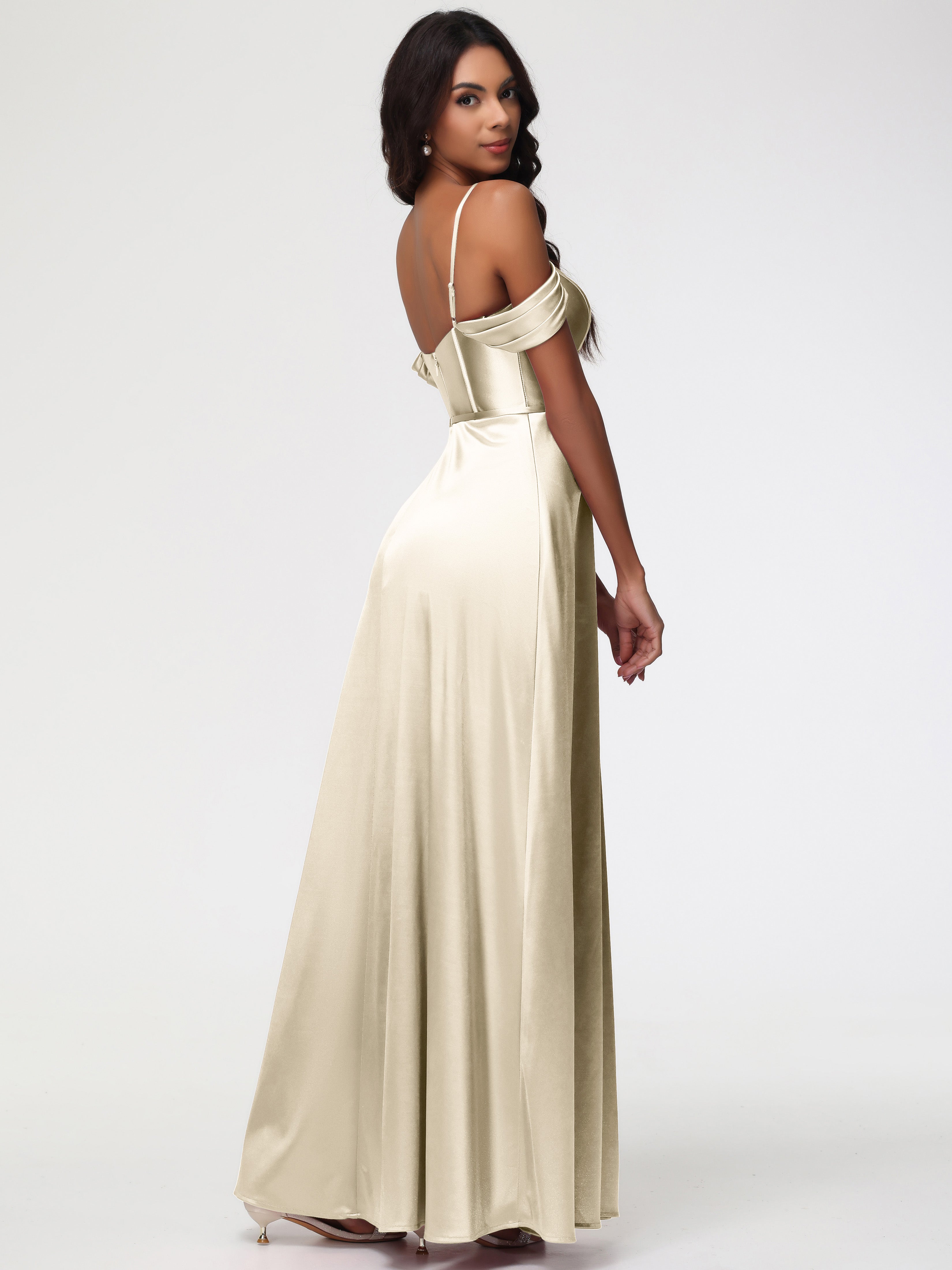 Robe Demoiselle D Honneur Champagne Satin Extensible Robe Demoiselle D Honneur Épaule Dénudée