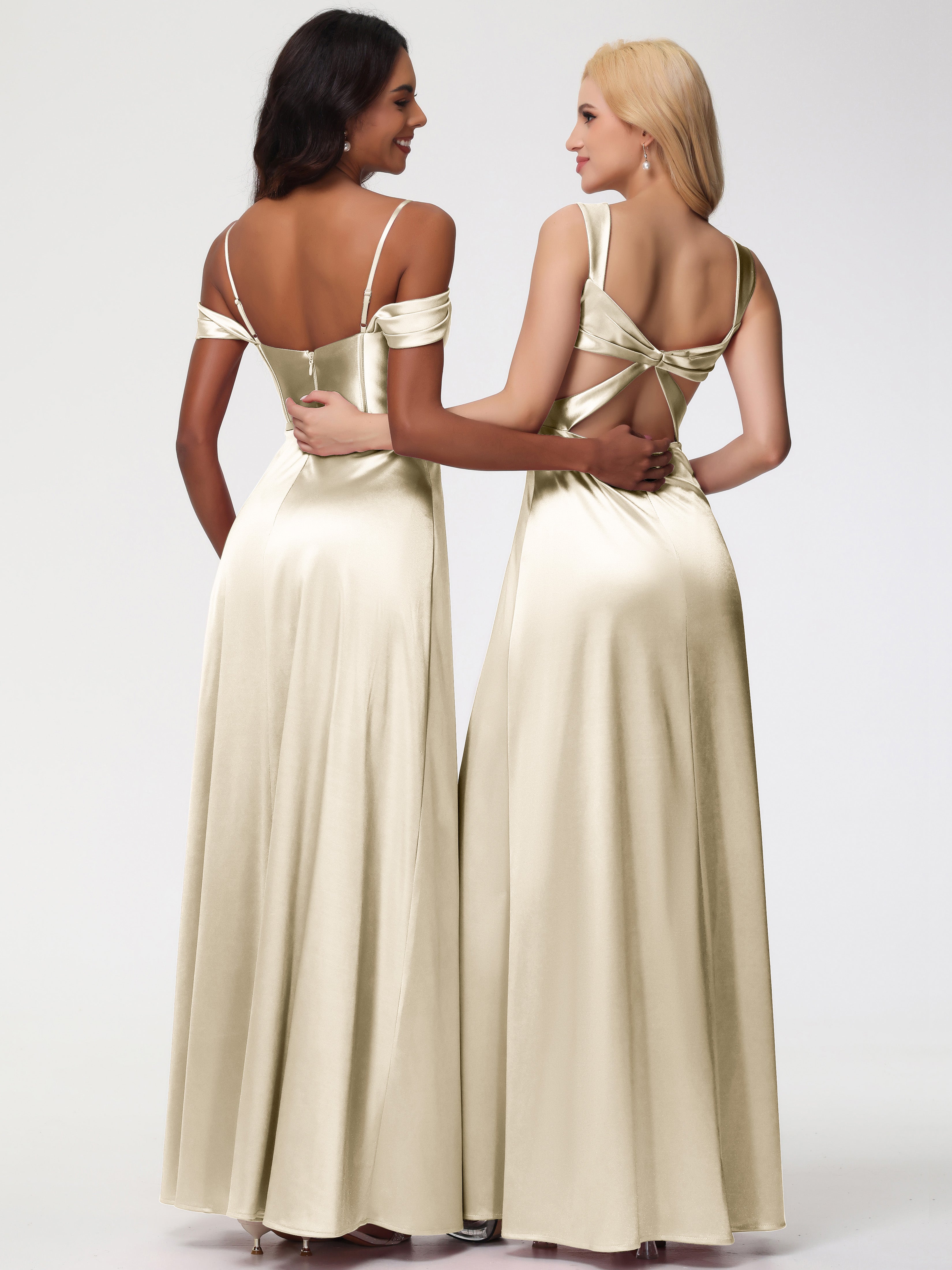 Robe Demoiselle D Honneur Champagne Satin Extensible Robe Demoiselle D Honneur Épaule Dénudée
