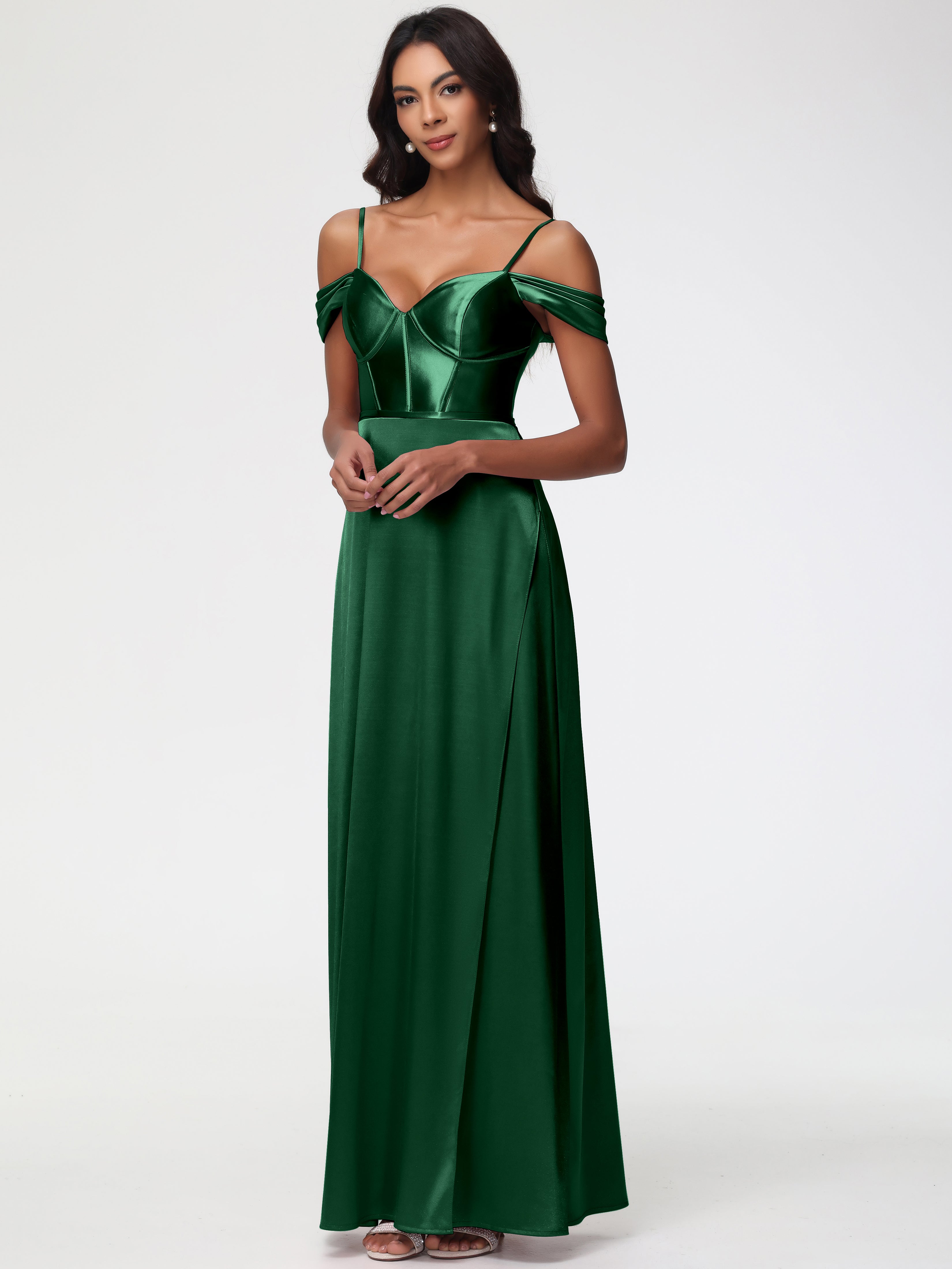Robe Demoiselle D Honneur Vert Foncé Satin Extensible Robe Demoiselle D Honneur Épaule Dénudée