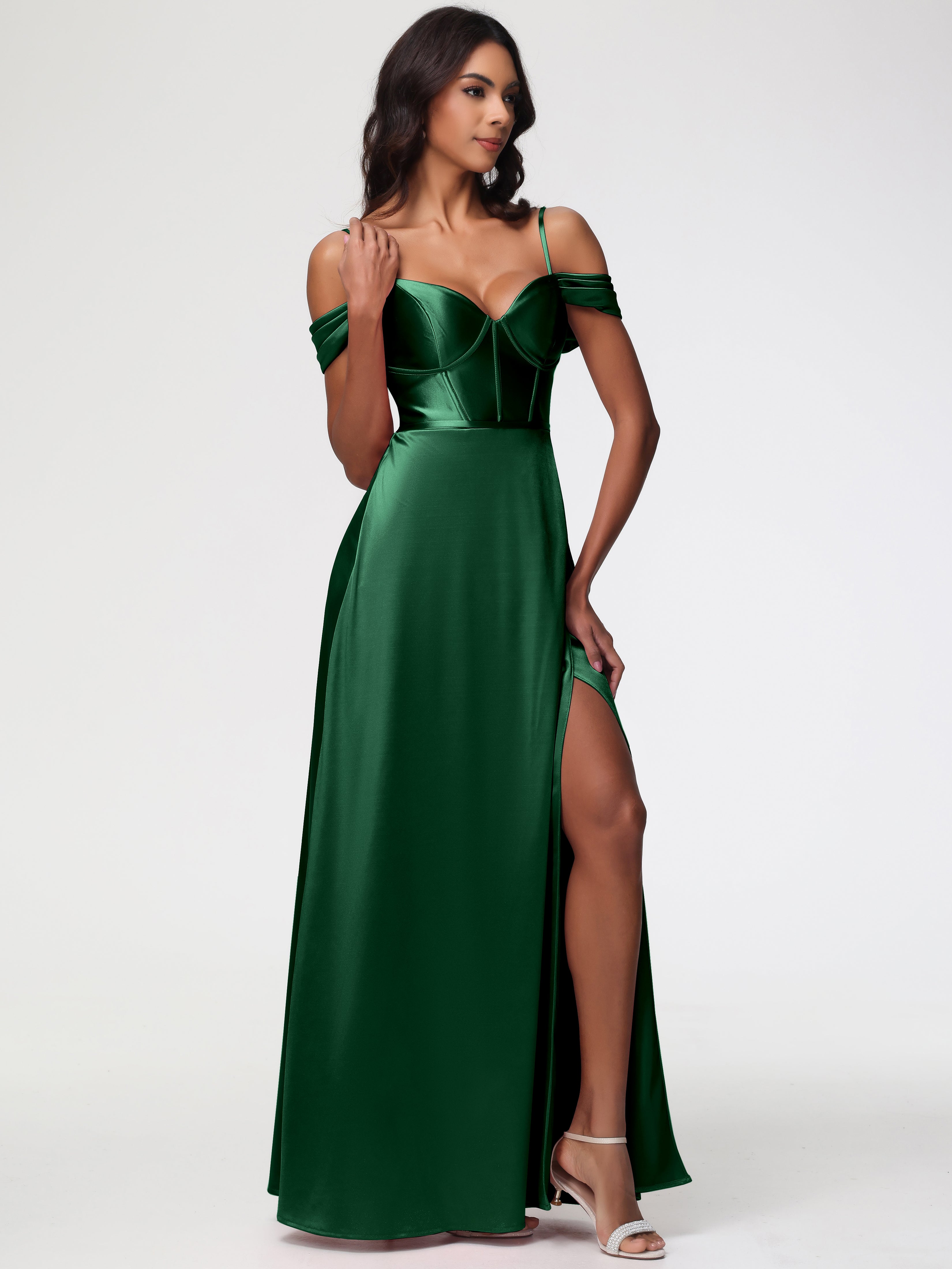 Robe Demoiselle D Honneur Vert Foncé Satin Extensible Robe Demoiselle D Honneur Épaule Dénudée