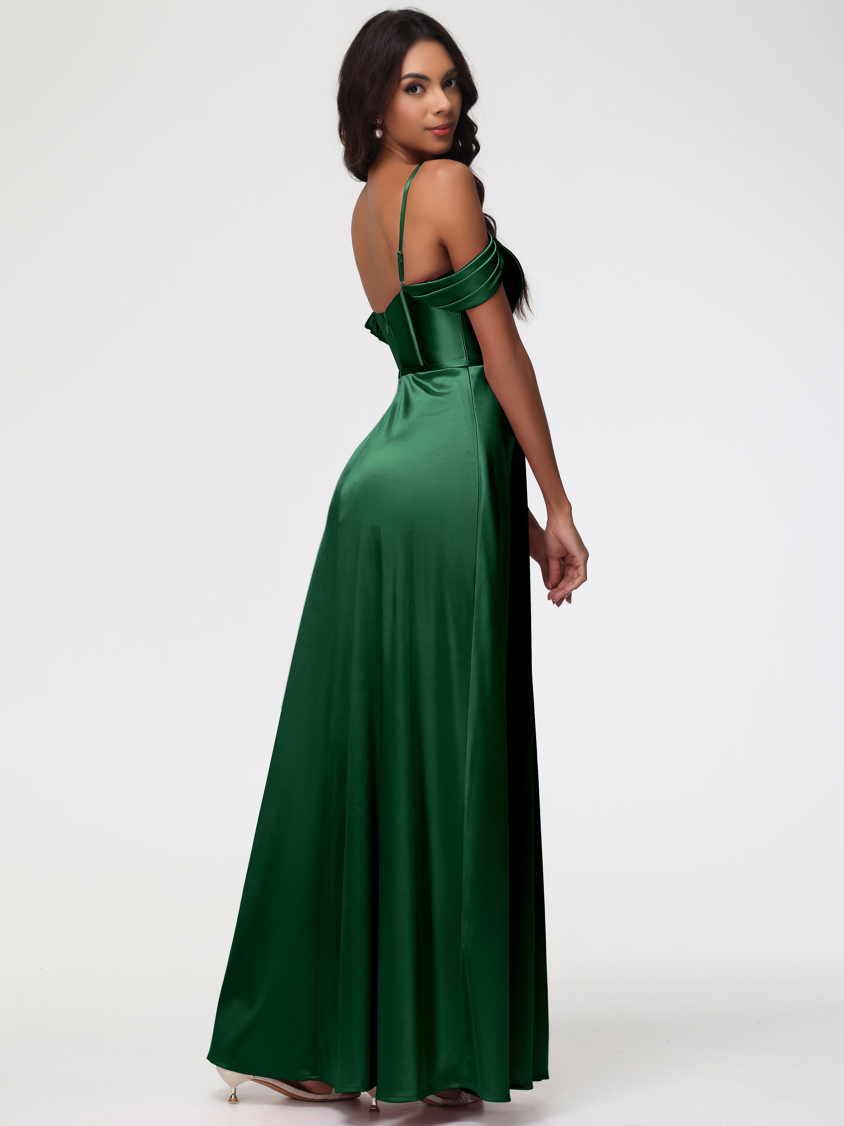 Robe Demoiselle D Honneur Vert Foncé Satin Extensible Robe Demoiselle D Honneur Épaule Dénudée
