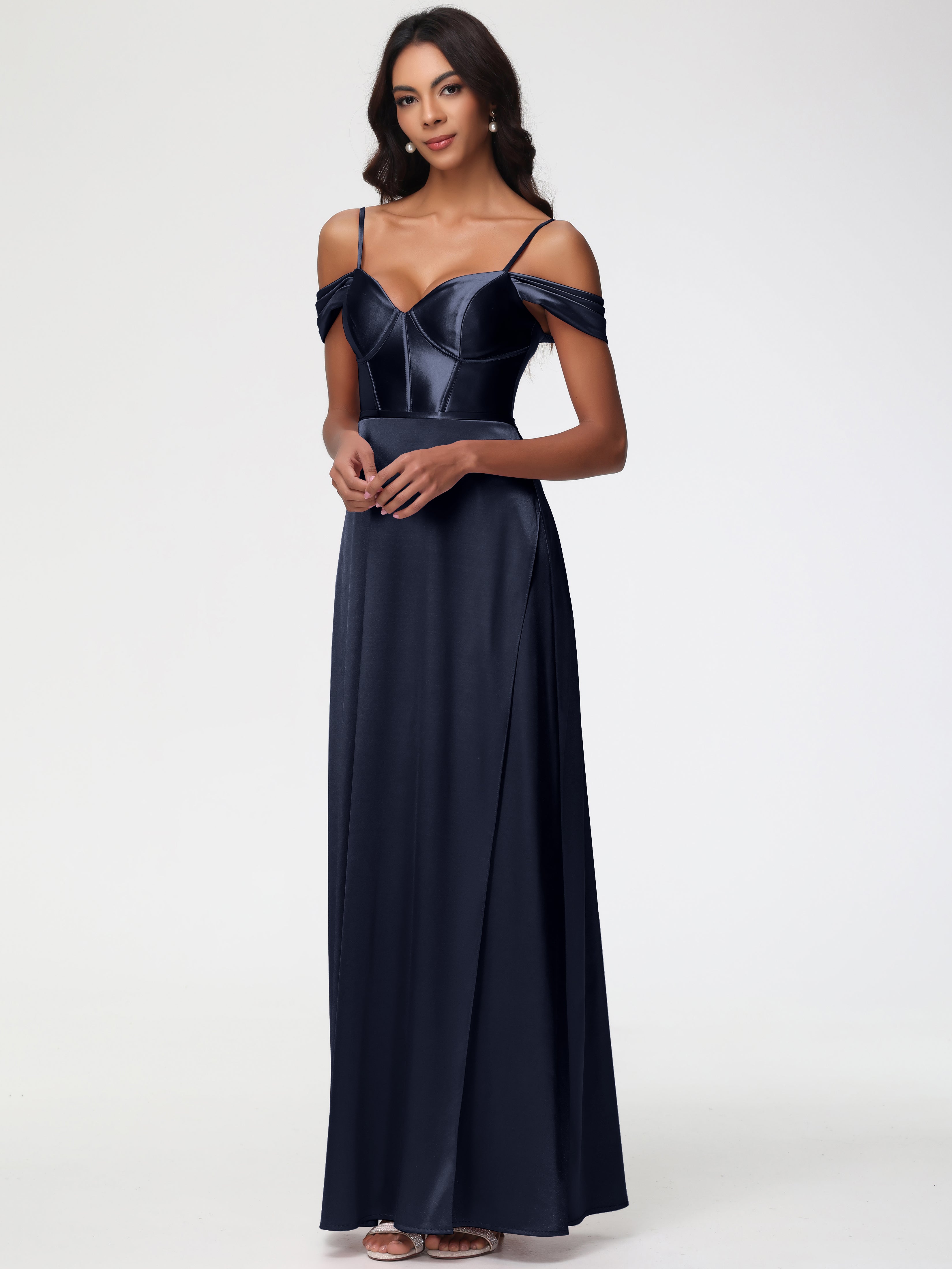 Robes De Demoiselle D'Honneur Bleu Marine Modestes Satin Extensible Robe Demoiselle D Honneur Épaule Dénudée