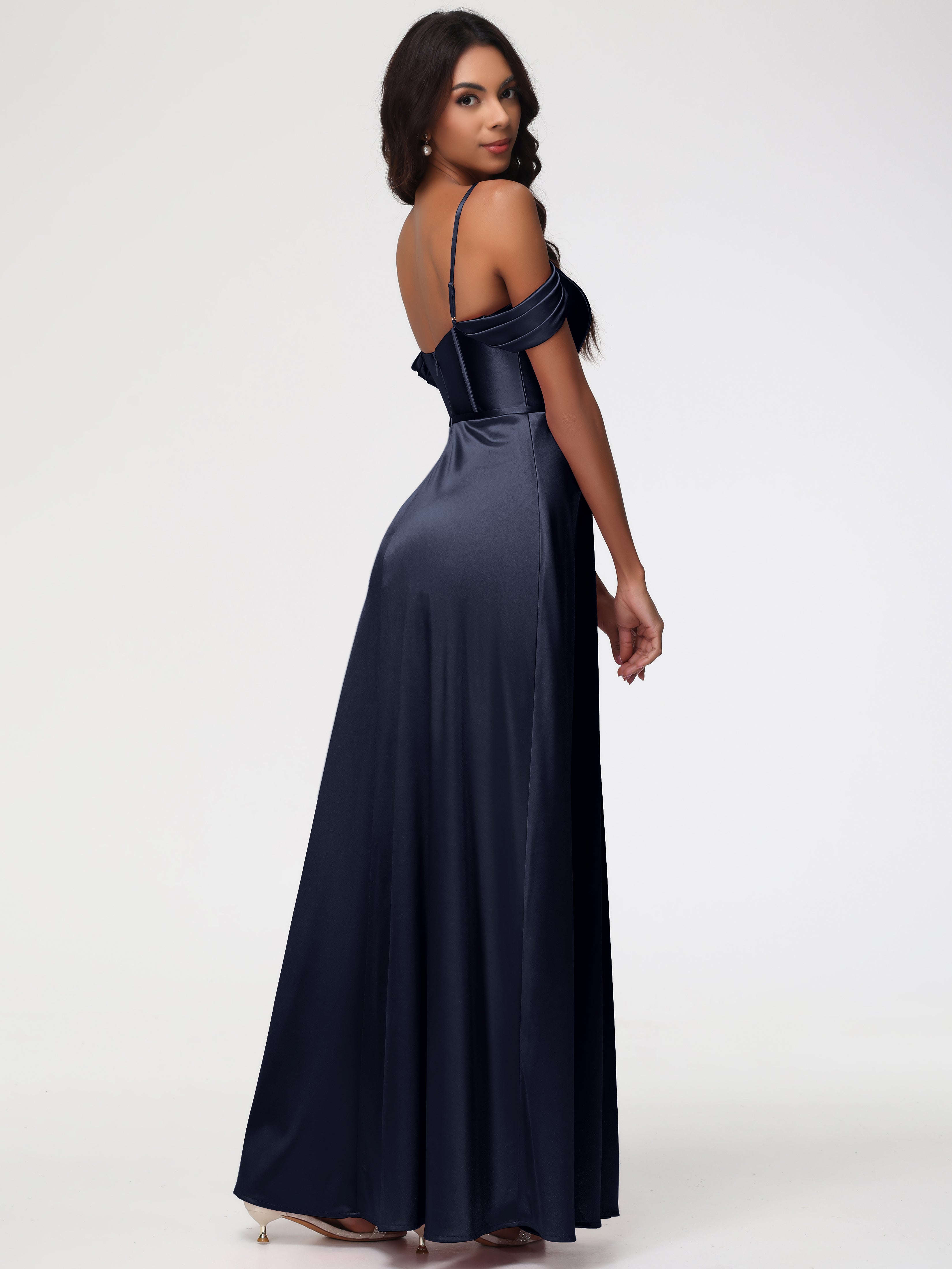 Robes De Demoiselle D'Honneur Bleu Marine Modestes Satin Extensible Robe Demoiselle D Honneur Épaule Dénudée