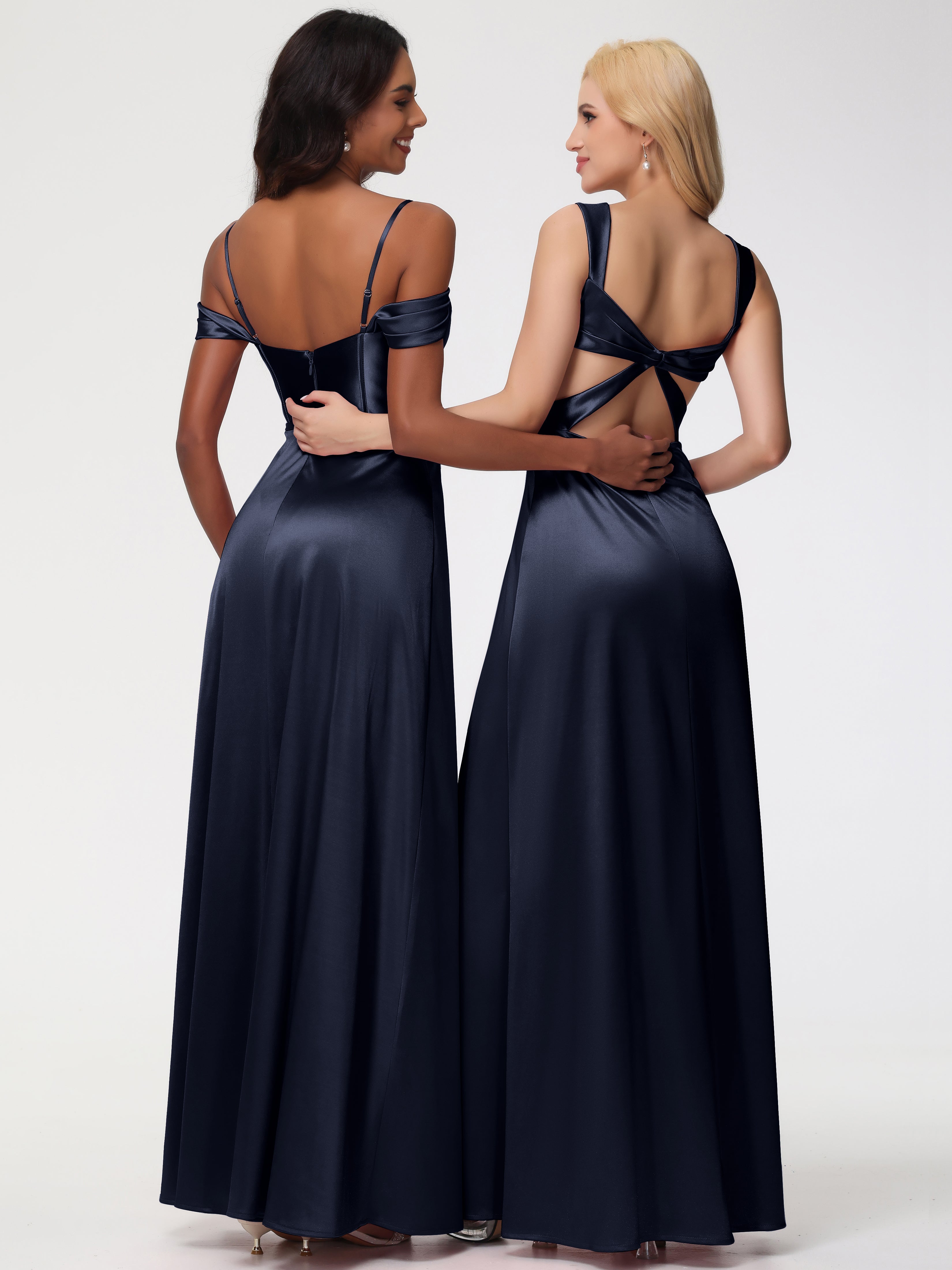 Robes De Demoiselle D'Honneur Bleu Marine Modestes Satin Extensible Robe Demoiselle D Honneur Épaule Dénudée