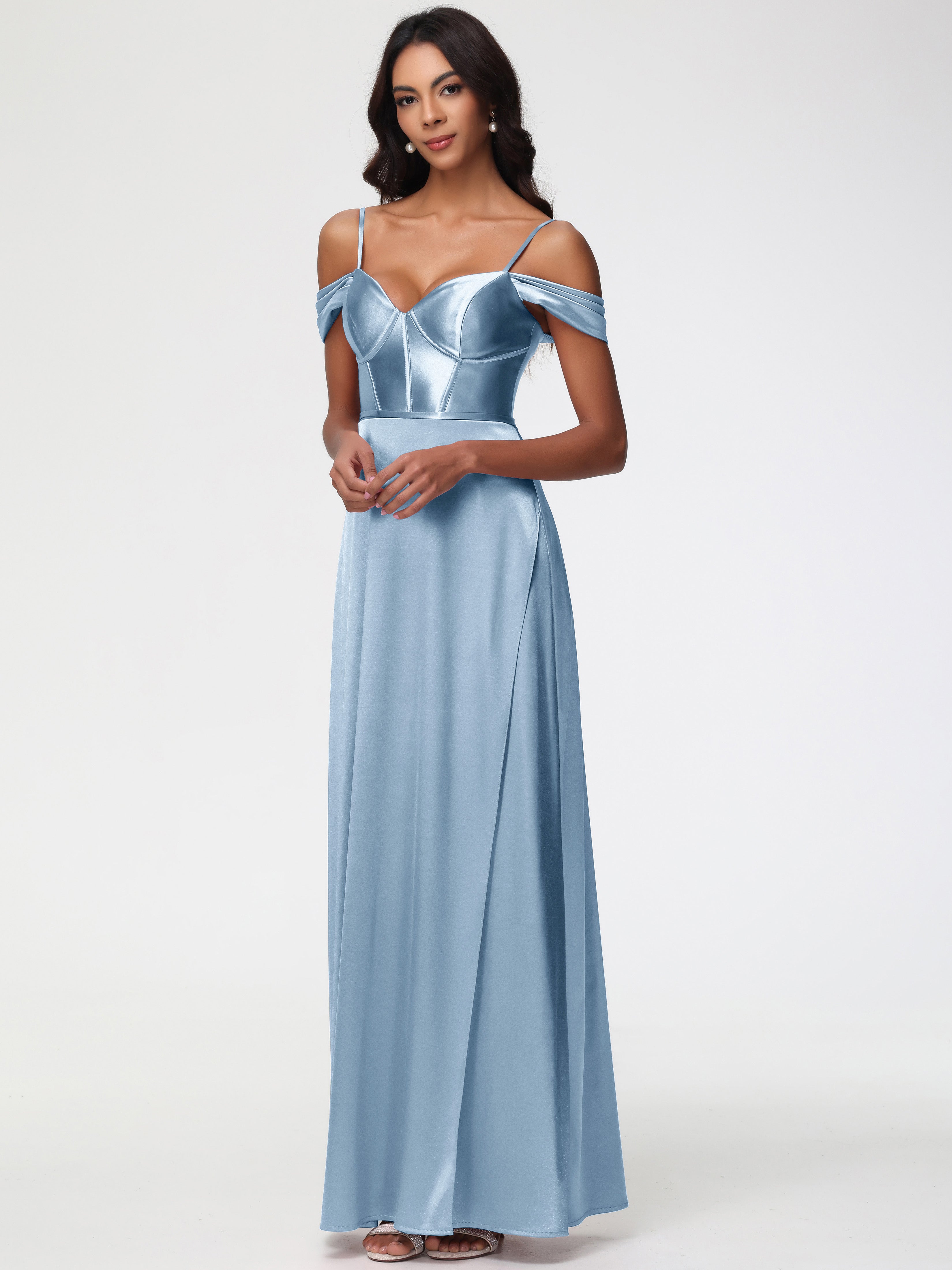 Robe Demoiselle D Honneur Bleu Poussiereux Satin Extensible Robe Demoiselle D Honneur Épaule Dénudée