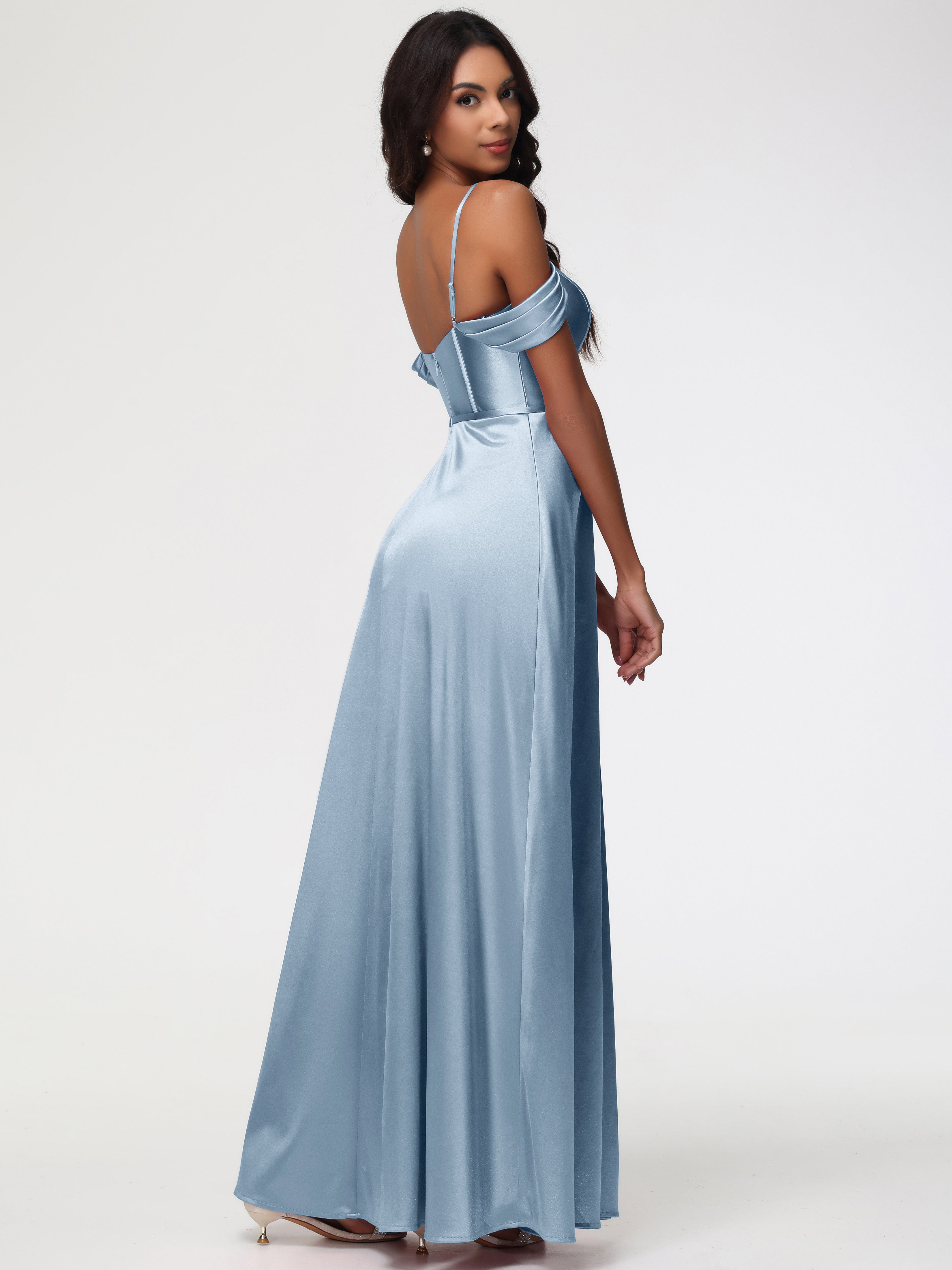 Robe Demoiselle D Honneur Bleu Poussiereux Satin Extensible Robe Demoiselle D Honneur Épaule Dénudée