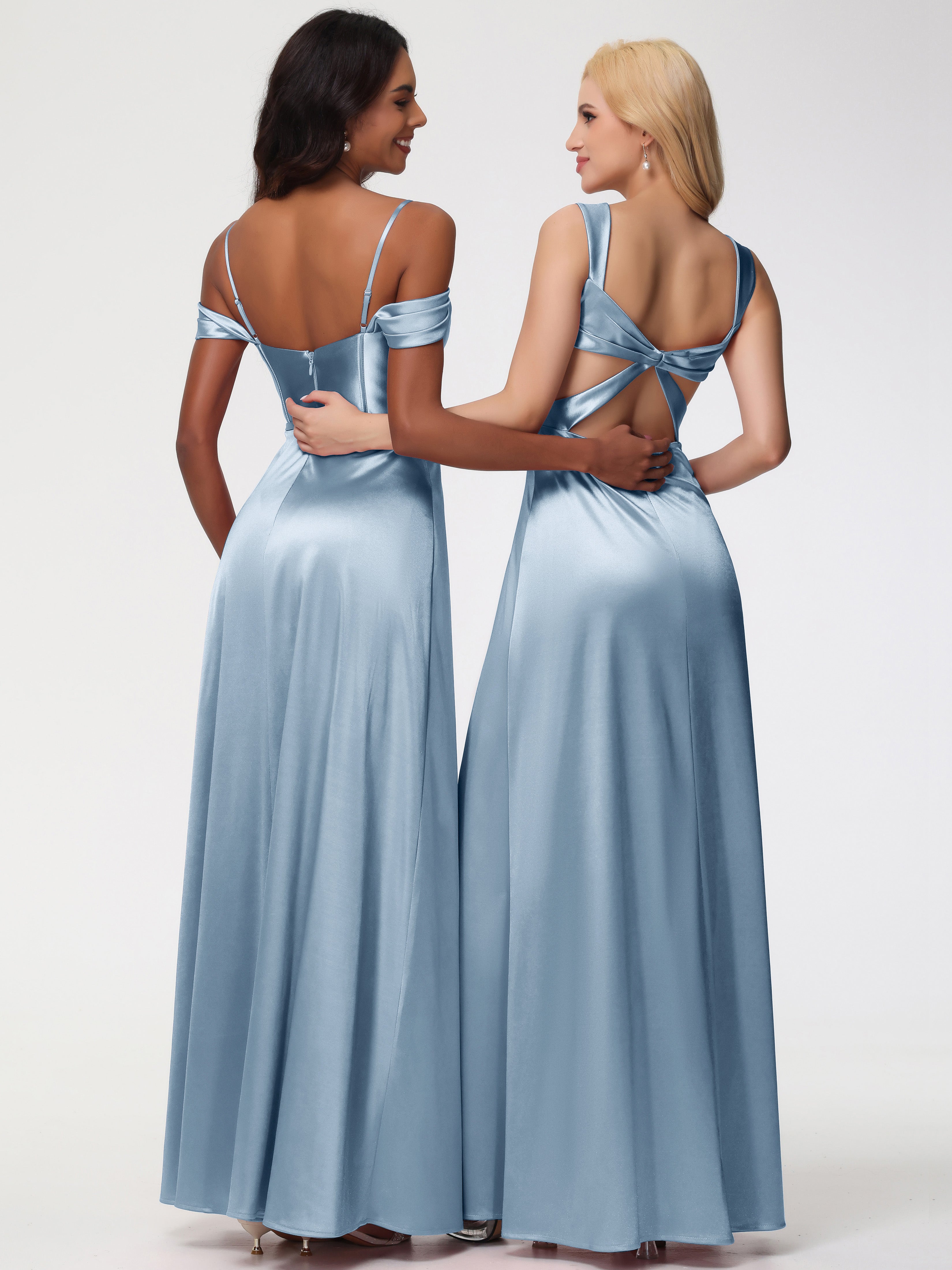 Robe Demoiselle D Honneur Bleu Poussiereux Satin Extensible Robe Demoiselle D Honneur Épaule Dénudée