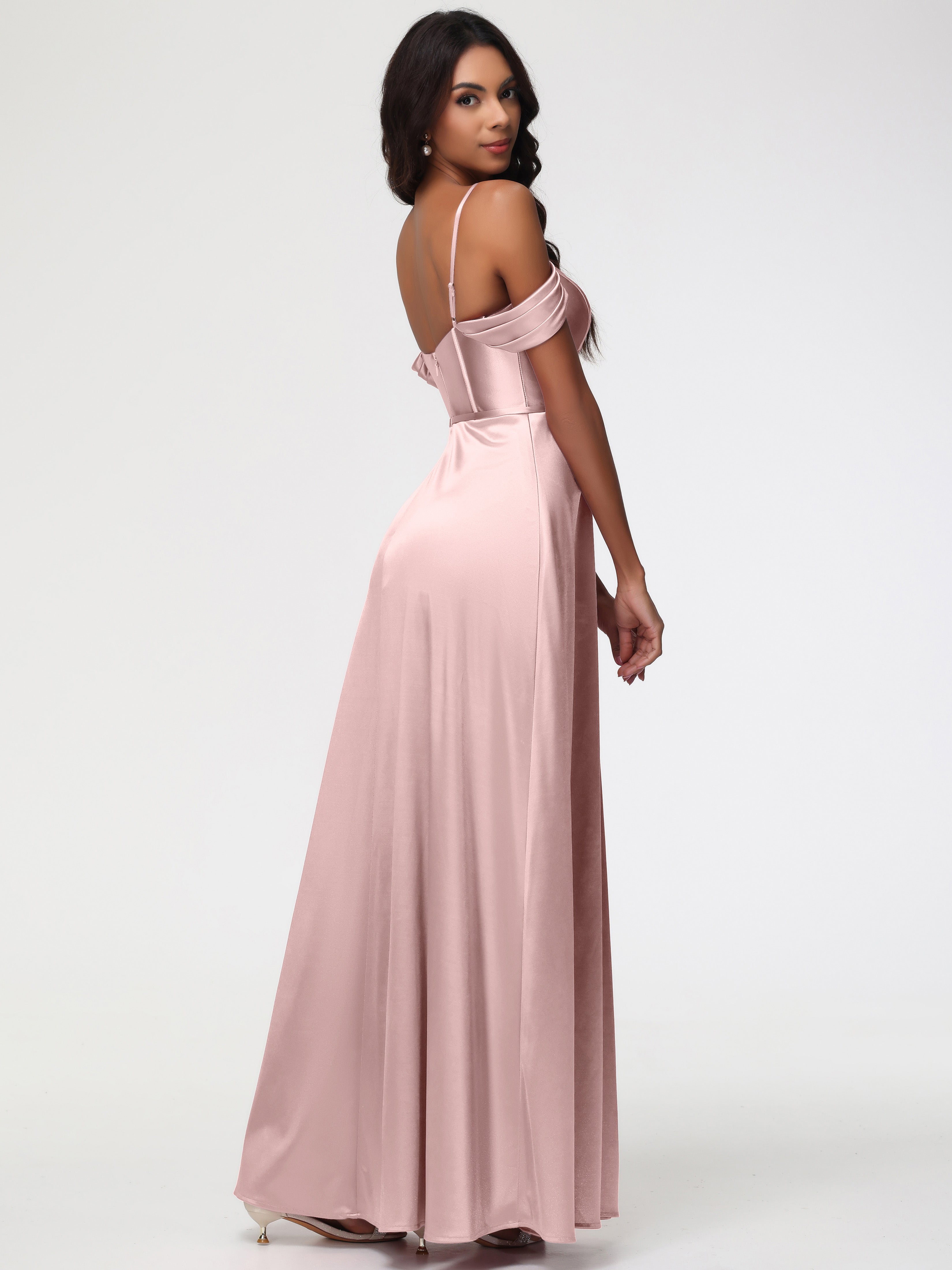 Robe Demoiselle D Honneur Rose Poudré Satin Extensible Robe Demoiselle D Honneur Épaule Dénudée