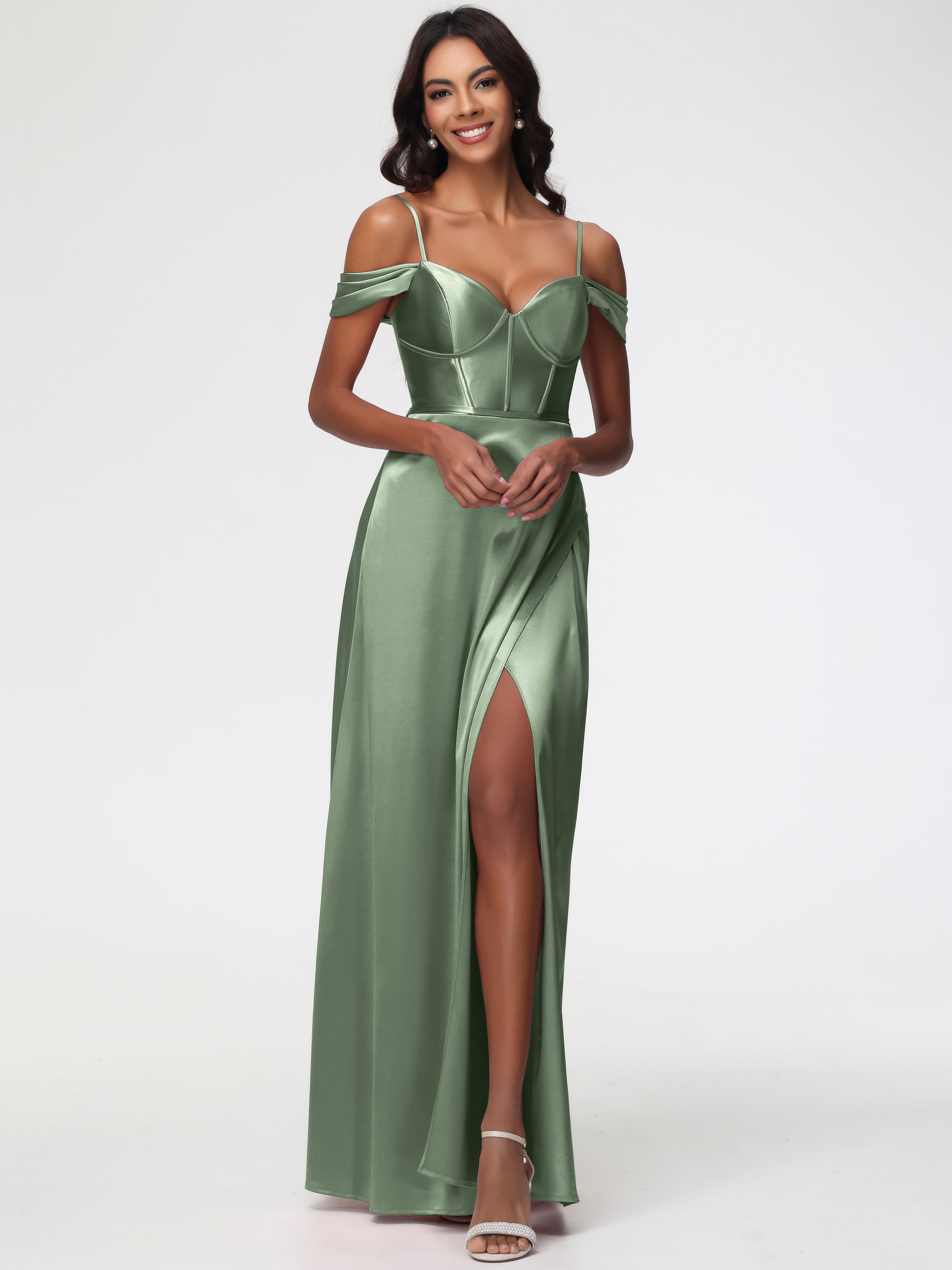 Robes Pour Demoiselles D Honneur Robe Vert Sauge Satin Extensible Robe Demoiselle D Honneur Épaule Dénudée