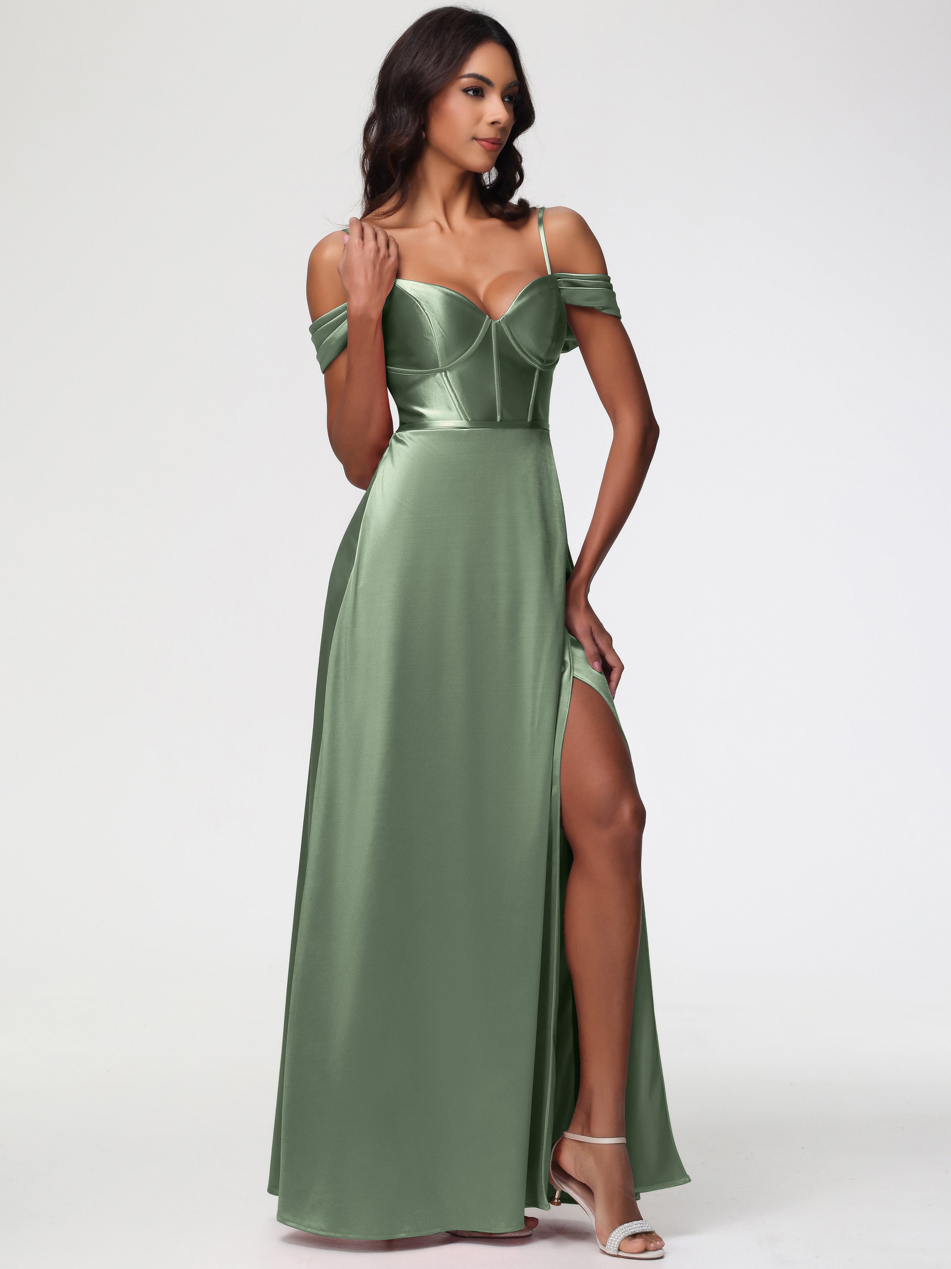 Robes Pour Demoiselles D Honneur Robe Vert Sauge Satin Extensible Robe Demoiselle D Honneur Épaule Dénudée