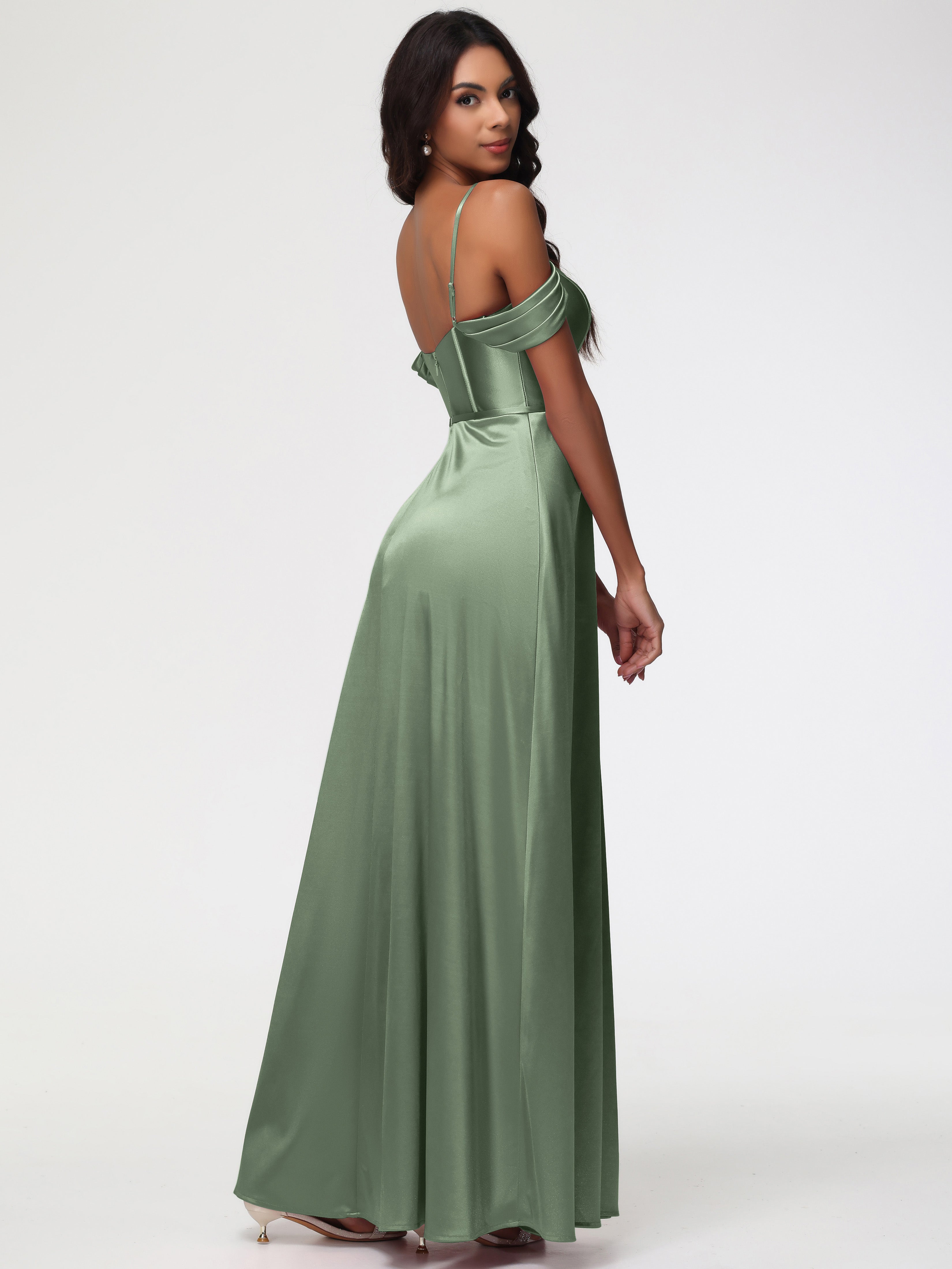 Robes Pour Demoiselles D Honneur Robe Vert Sauge Satin Extensible Robe Demoiselle D Honneur Épaule Dénudée