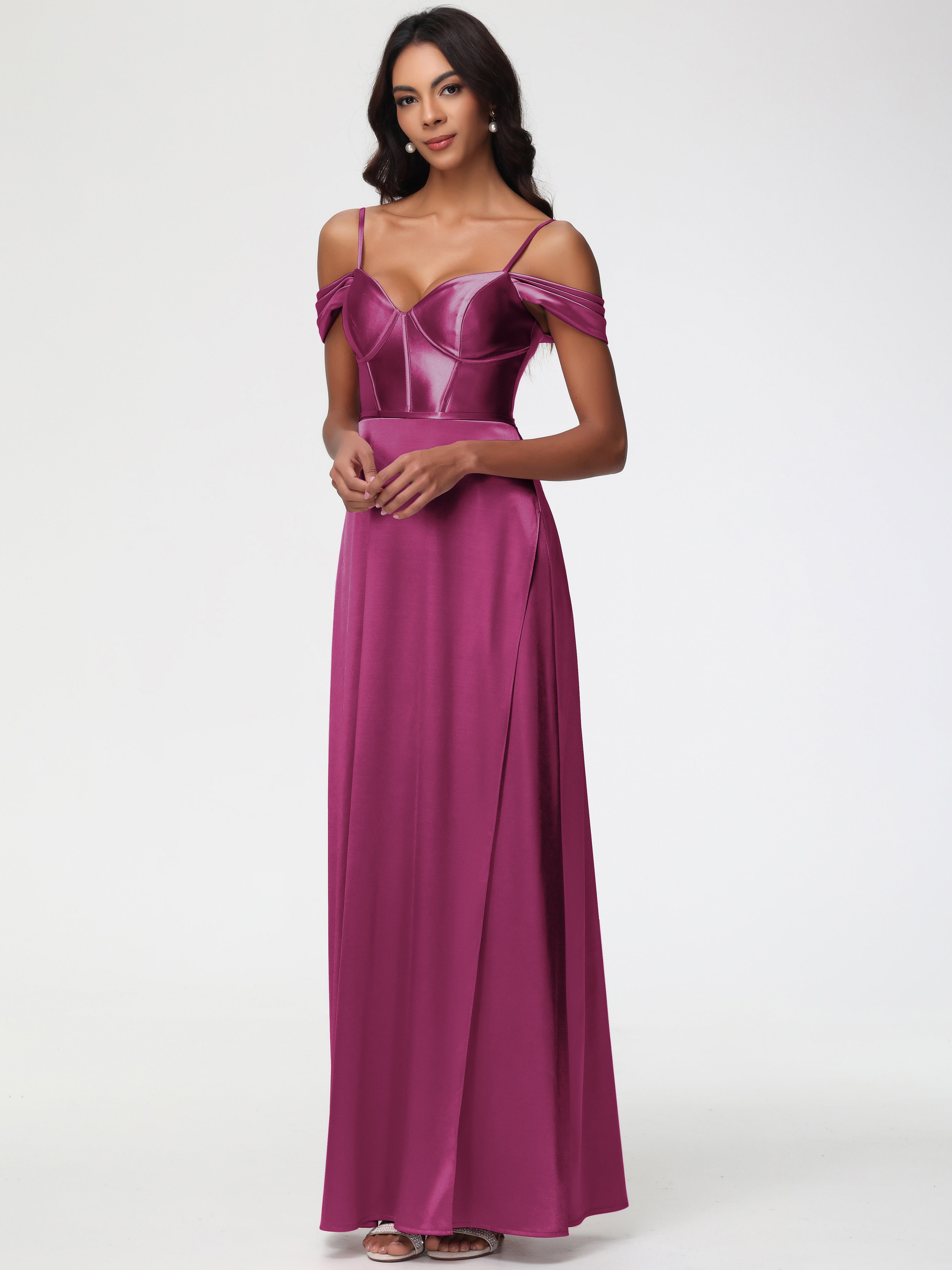 Robe Demoiselle D Honneur Fuchsia Satin Extensible Robe Demoiselle D Honneur Épaule Dénudée