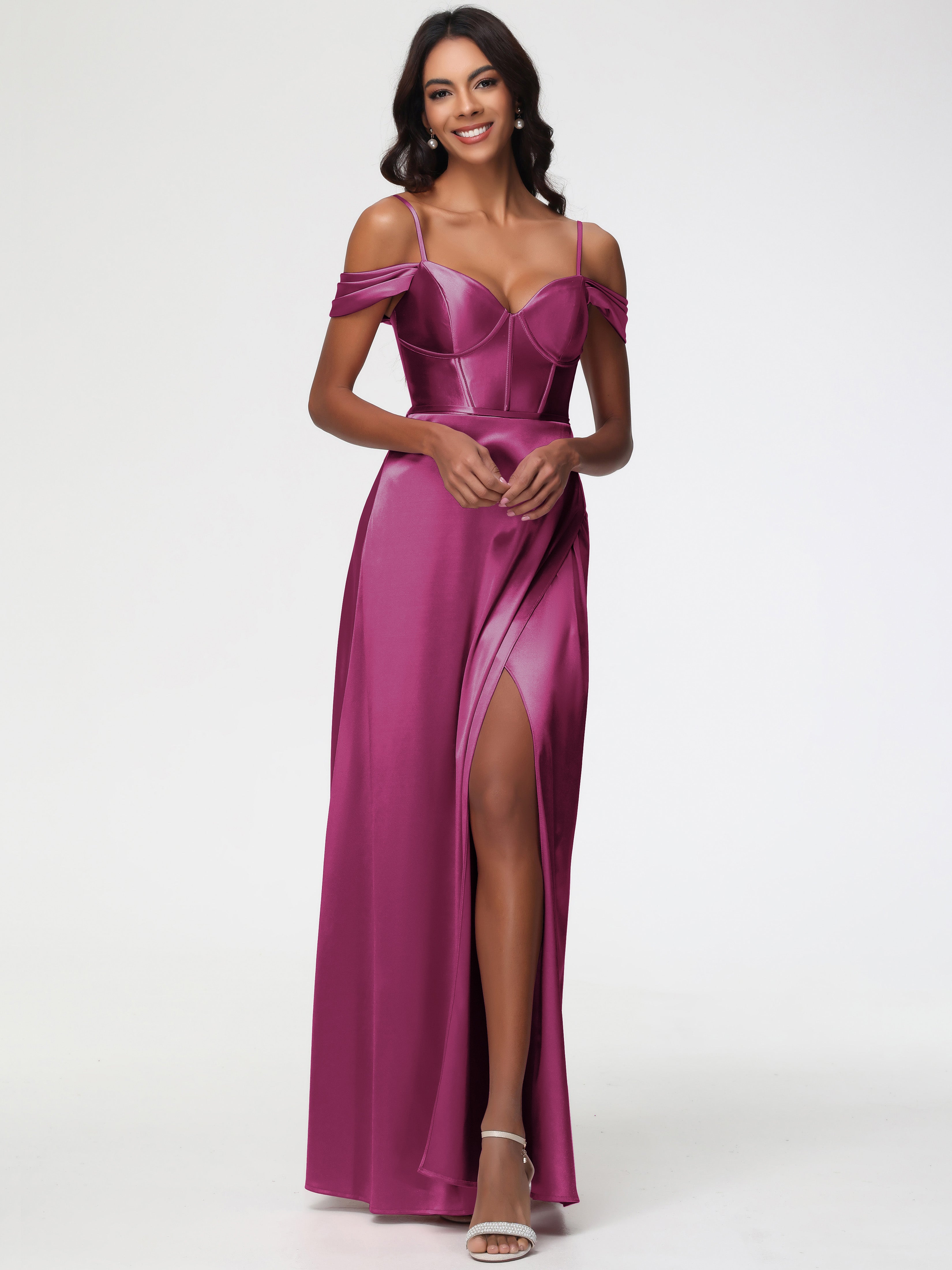 Robe Demoiselle D Honneur Fuchsia Satin Extensible Robe Demoiselle D Honneur Épaule Dénudée