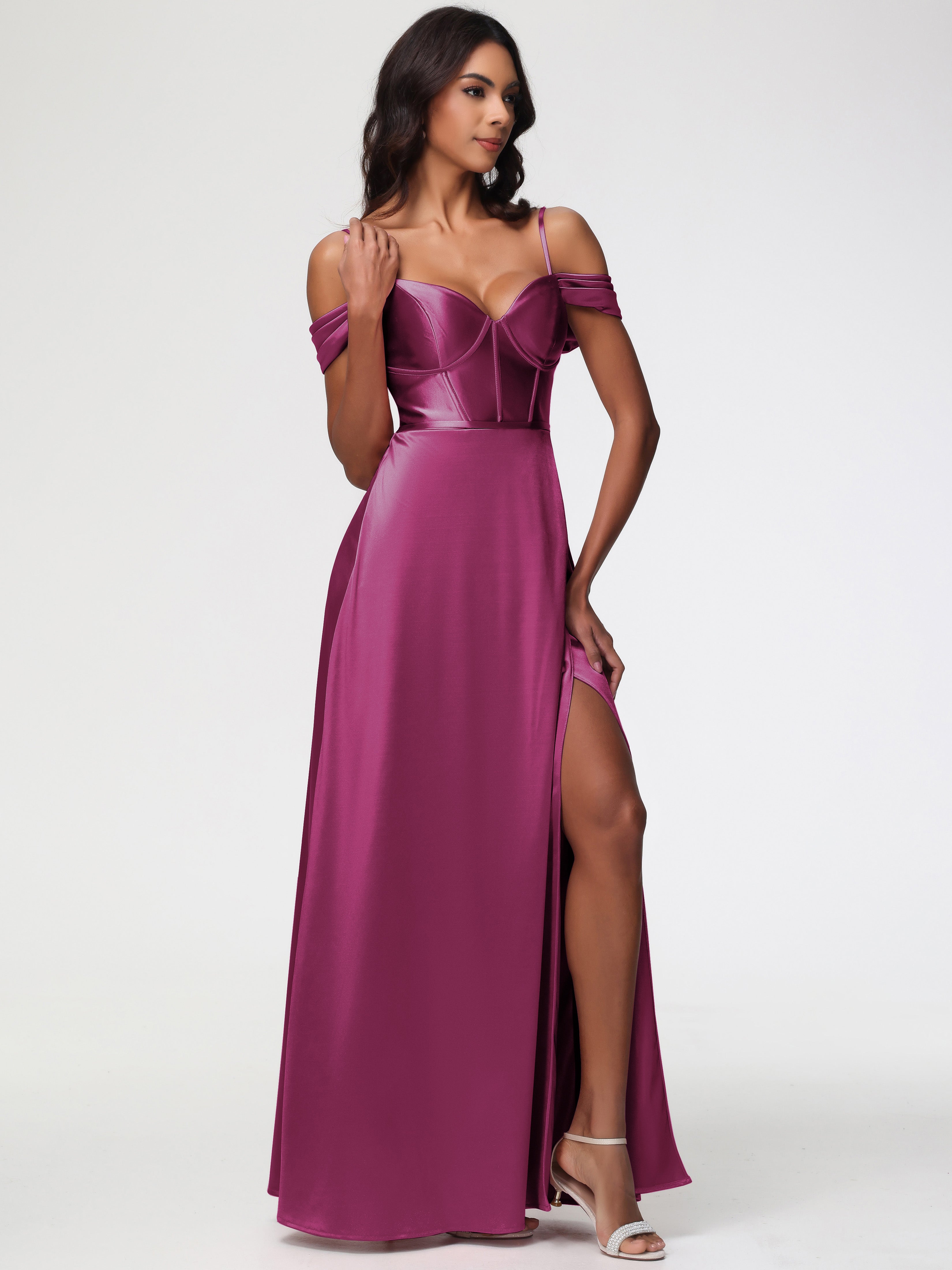 Robe Demoiselle D Honneur Fuchsia Satin Extensible Robe Demoiselle D Honneur Épaule Dénudée